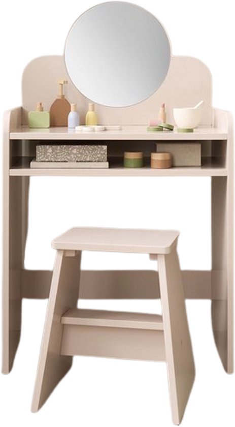 Roze houten kaptafel voor kinderen met ronde spiegel, bijpassend krukje en kleine houten make-up accessoires.