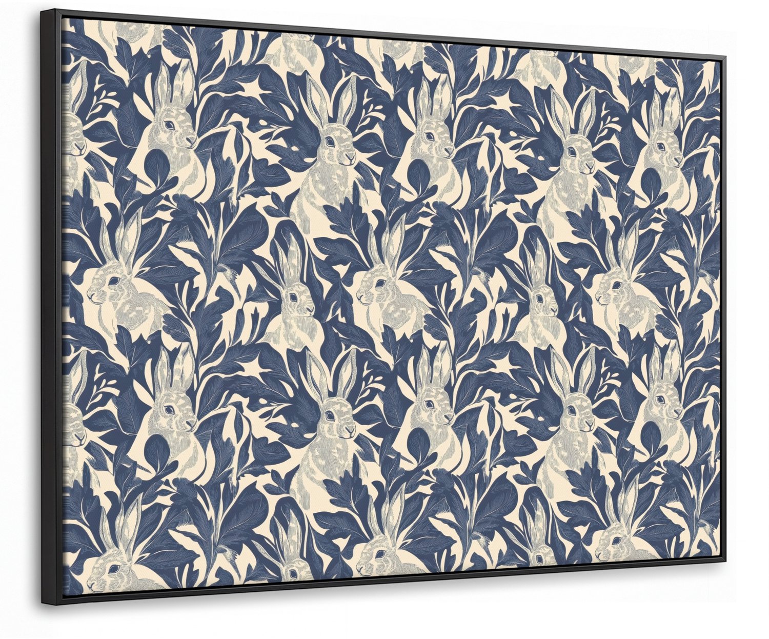 Canvas Schilderij met Baklijst 100x70cm - Hazen - Bladeren - Patroon - Blauw - Beige - Muurdecoratie woonkamer - Slaapkamer decoratie - Kamer accessoires - Schilderijen op canvas met lijst