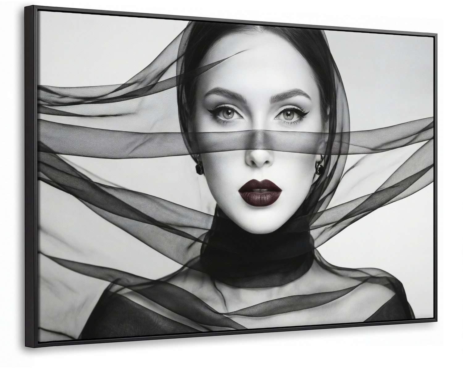 Canvas Schilderij met Baklijst XXL Canvas Schilderij met Baklijst 150x100cm - Vrouw - Sluier - Portret - Zwart - Wit - Elegant - Muurdecoratie woonkamer - Slaapkamer decoratie - Kamer accessoires - Schilderijen op canvas met lijst groot