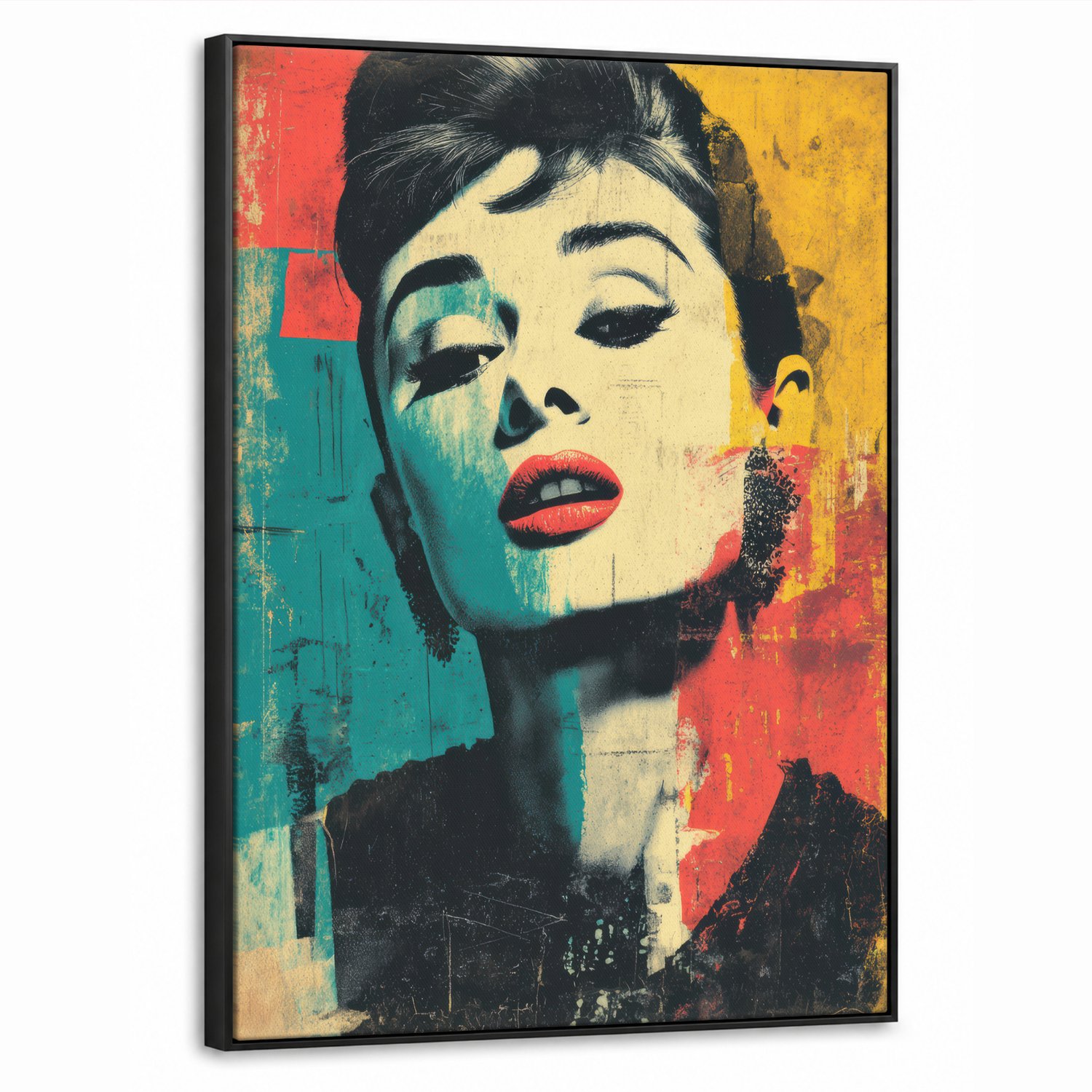 Canvas Schilderij met Baklijst 70x100cm - Vrouw - Rode lippen - Expressief - Grafisch - Muurdecoratie woonkamer - Slaapkamer decoratie - Kamer accessoires - Schilderijen op canvas met lijst