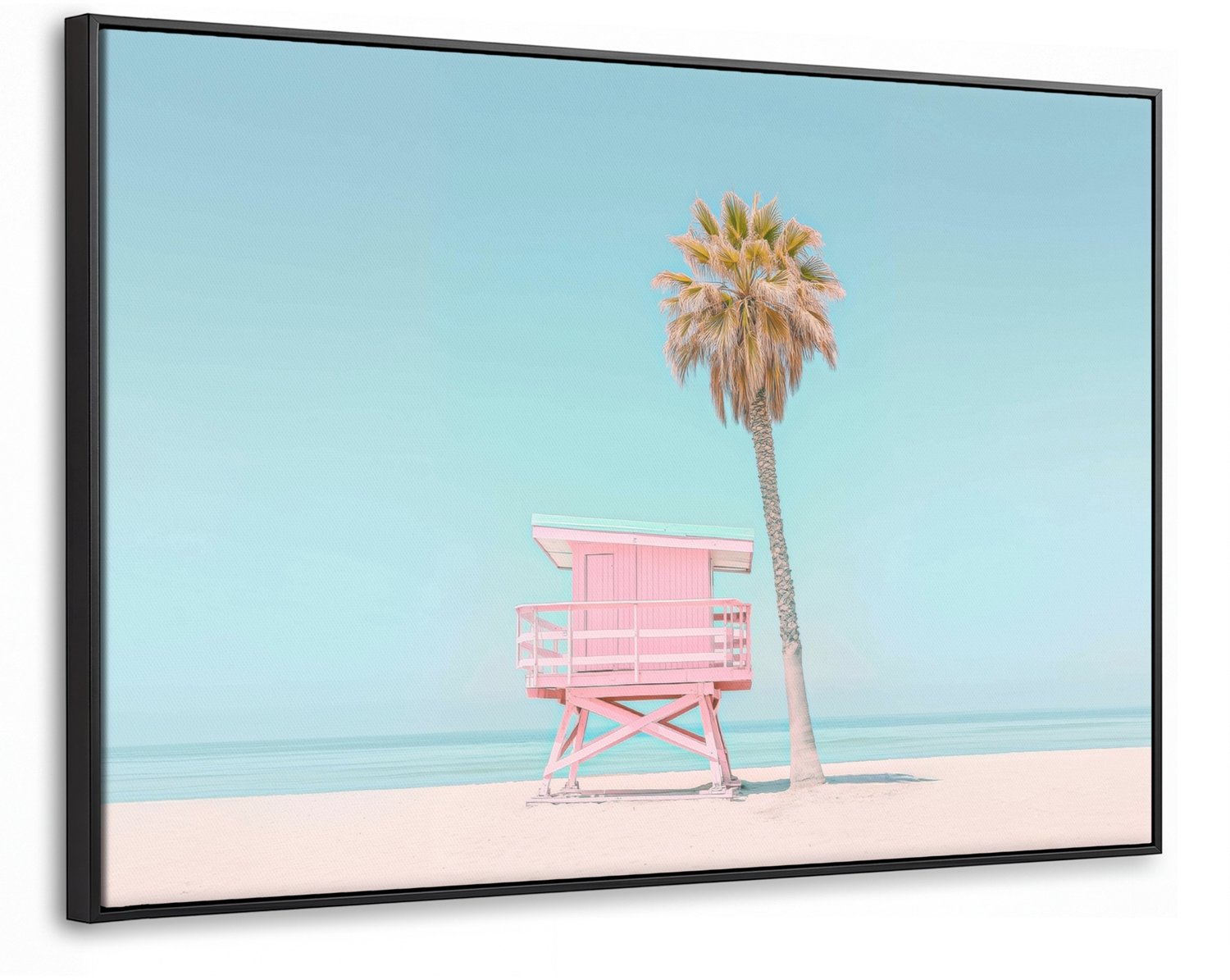 Canvas Schilderij met Baklijst XXL Canvas Schilderij met Baklijst 120x80cm - Palmboom - Strandhuis - Roze - Muurdecoratie woonkamer - Slaapkamer decoratie - Kamer accessoires - Schilderijen op canvas met lijst groot