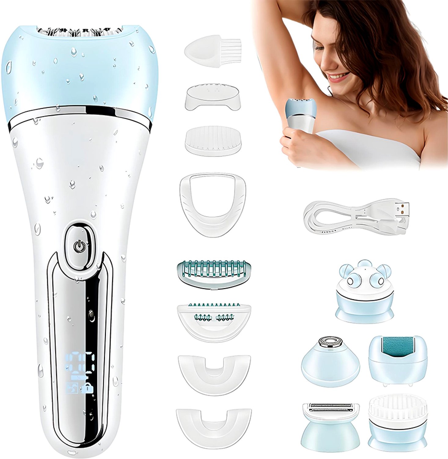 6-in-1 ontharingsset voor dames – Elektrische epilator – Scheerapparaat voor dames – Ontharingsapparaat – Bikini trimmer – IPX7 waterdicht – USB-kabel – Blauw