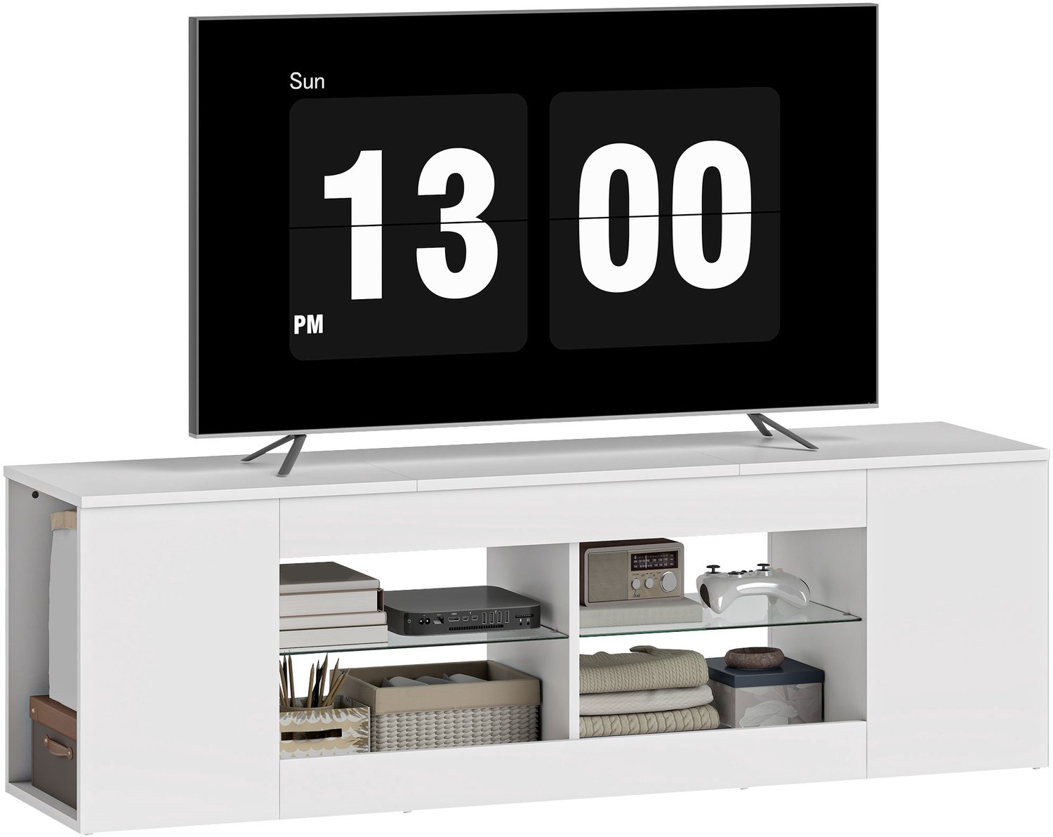 Lunpog TV-lowboard 140 cm lang - 6 vakken, 2 glazen legplanken - Spaanplaat - wit