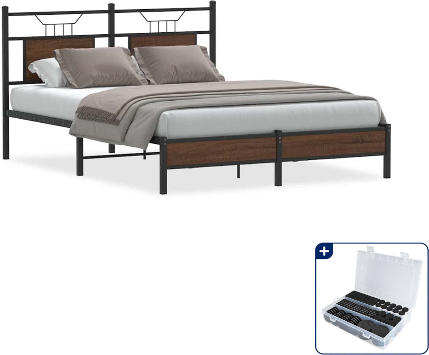 vidaXL Bedframe - Small double - 140 x 200 cm - bruineiken - Inclusief antikrasvilt 177-delig
