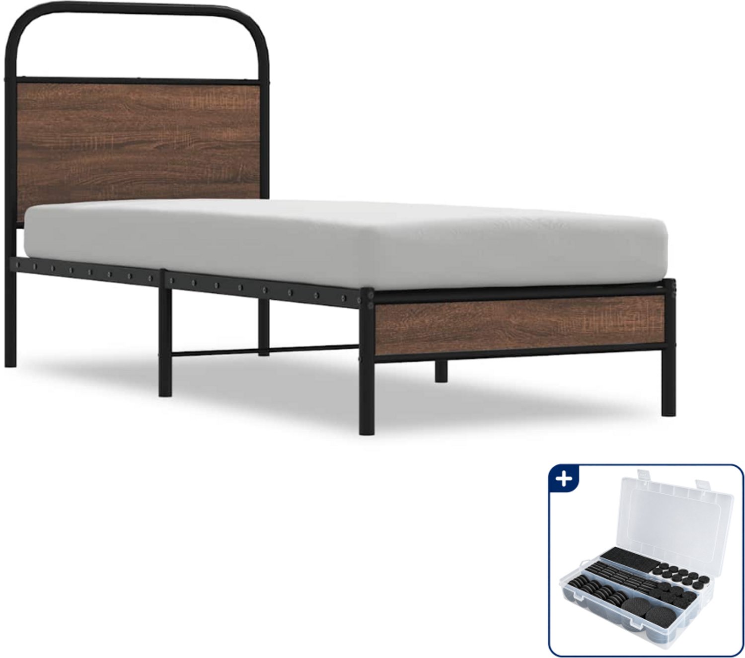 vidaXL bedframe - 75 x 190 cm - staal en bewerkt hout - bruineiken - Inclusief antikrasvilt 177-delig
