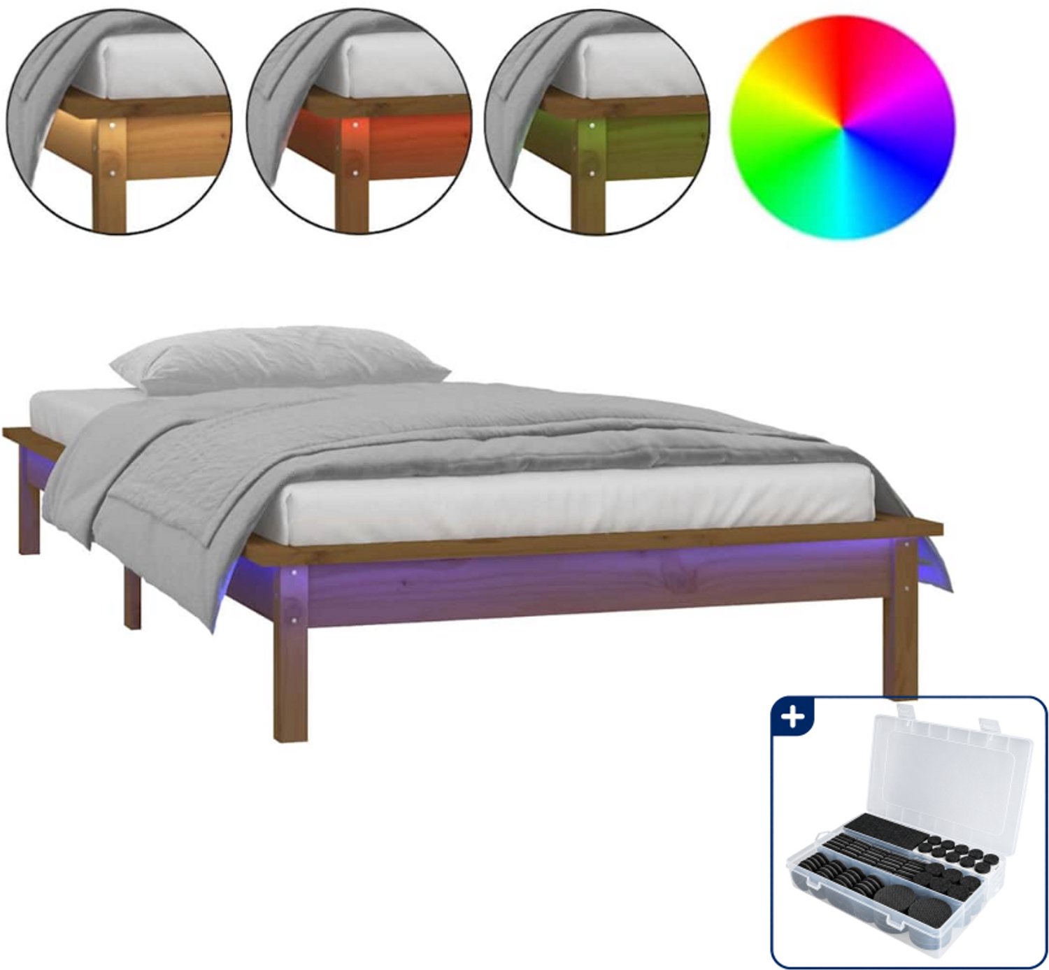 vidaXL bedframe met led 75 x 190 cm - massief grenenhout - honingbruin - Inclusief antikrasvilt 177-delig