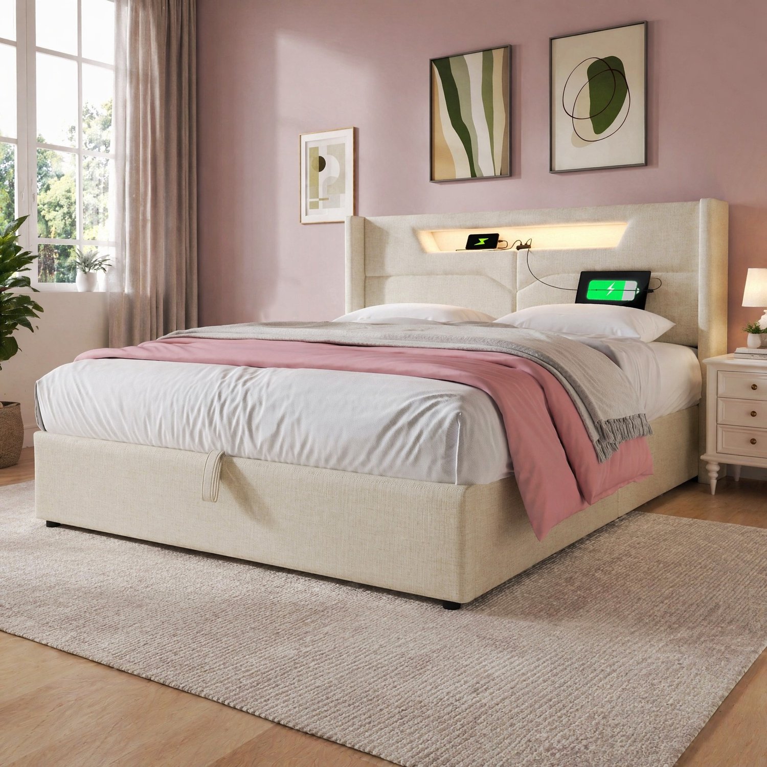Maisentiel Gestoffeerd bed 140x200 cm met opbergruimte, ledverlichting en USB-C - beige