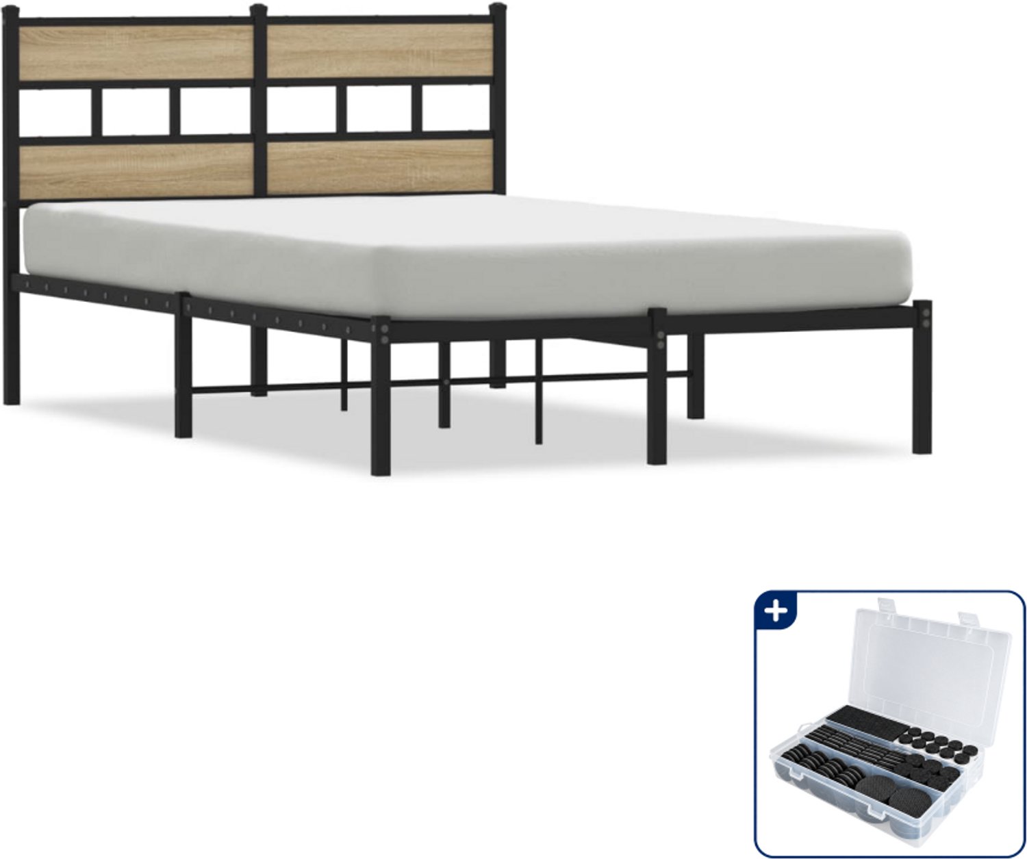 vidaXL Bedframe - 120 x 190 cm - metaal en bewerkt hout - zwart - Inclusief antikrasvilt 177-delig Bruin