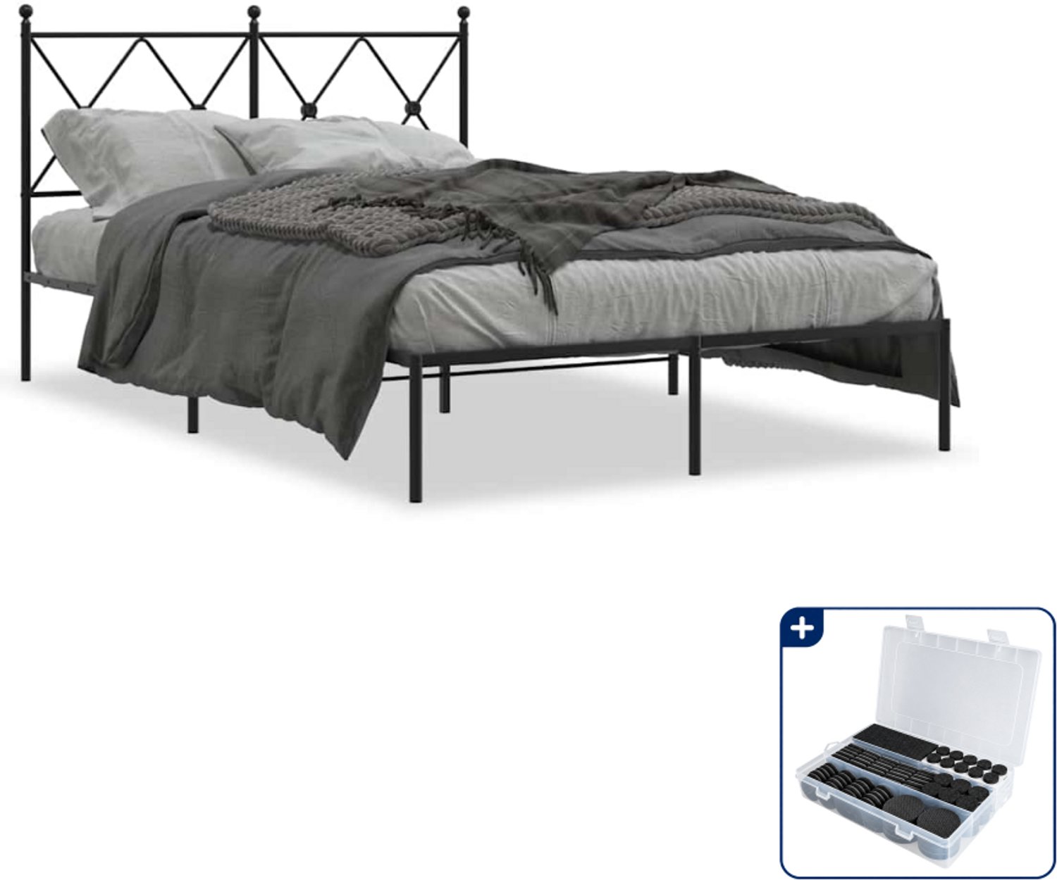 vidaXL bedframe met hoofdbord - 120 x 200 cm - staal - zwart - Inclusief antikrasvilt 177-delig