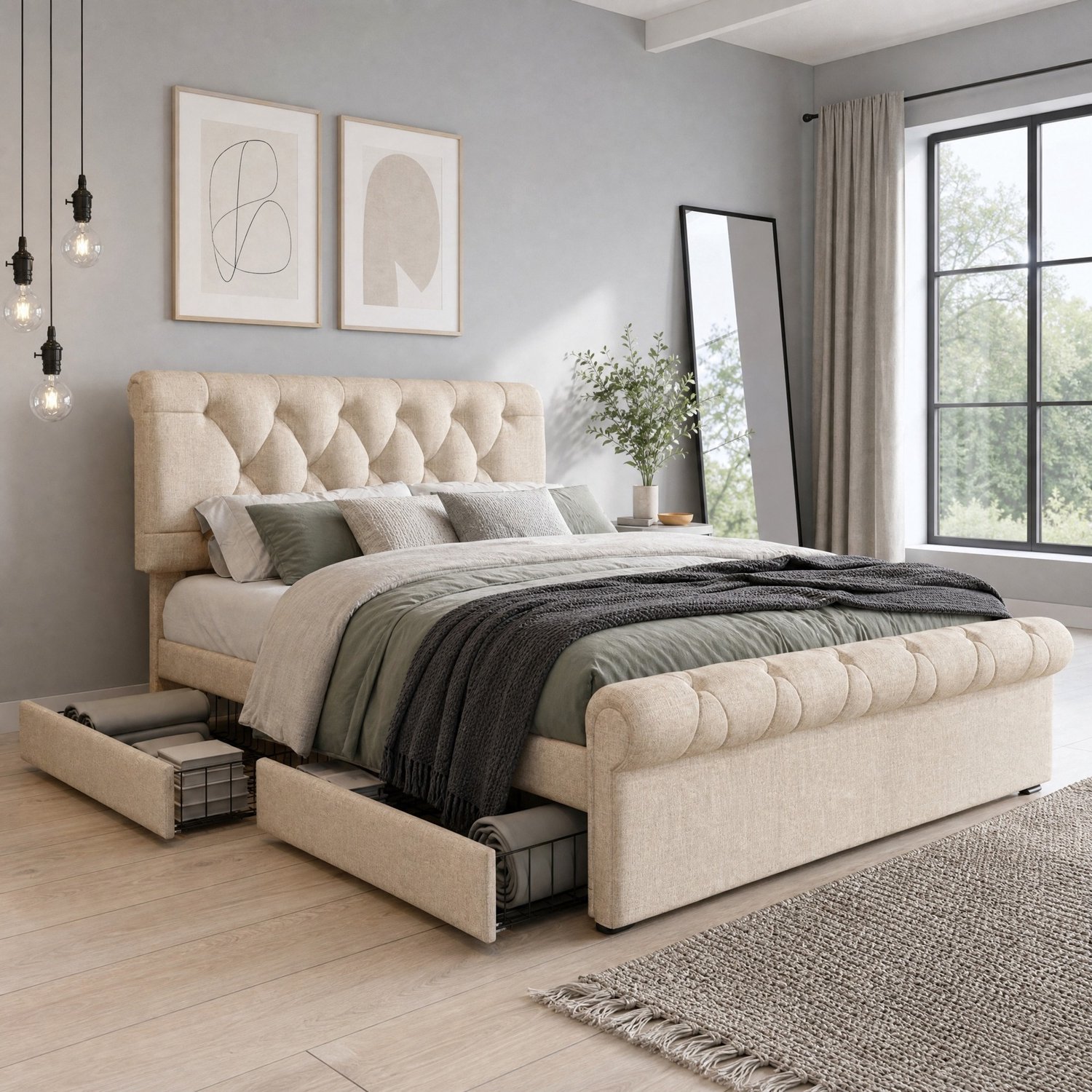 Maisentiel Gestoffeerd bed 140 x 200 cm - 4 opberglades - verstelbaar hoofdeinde - naturel Beige