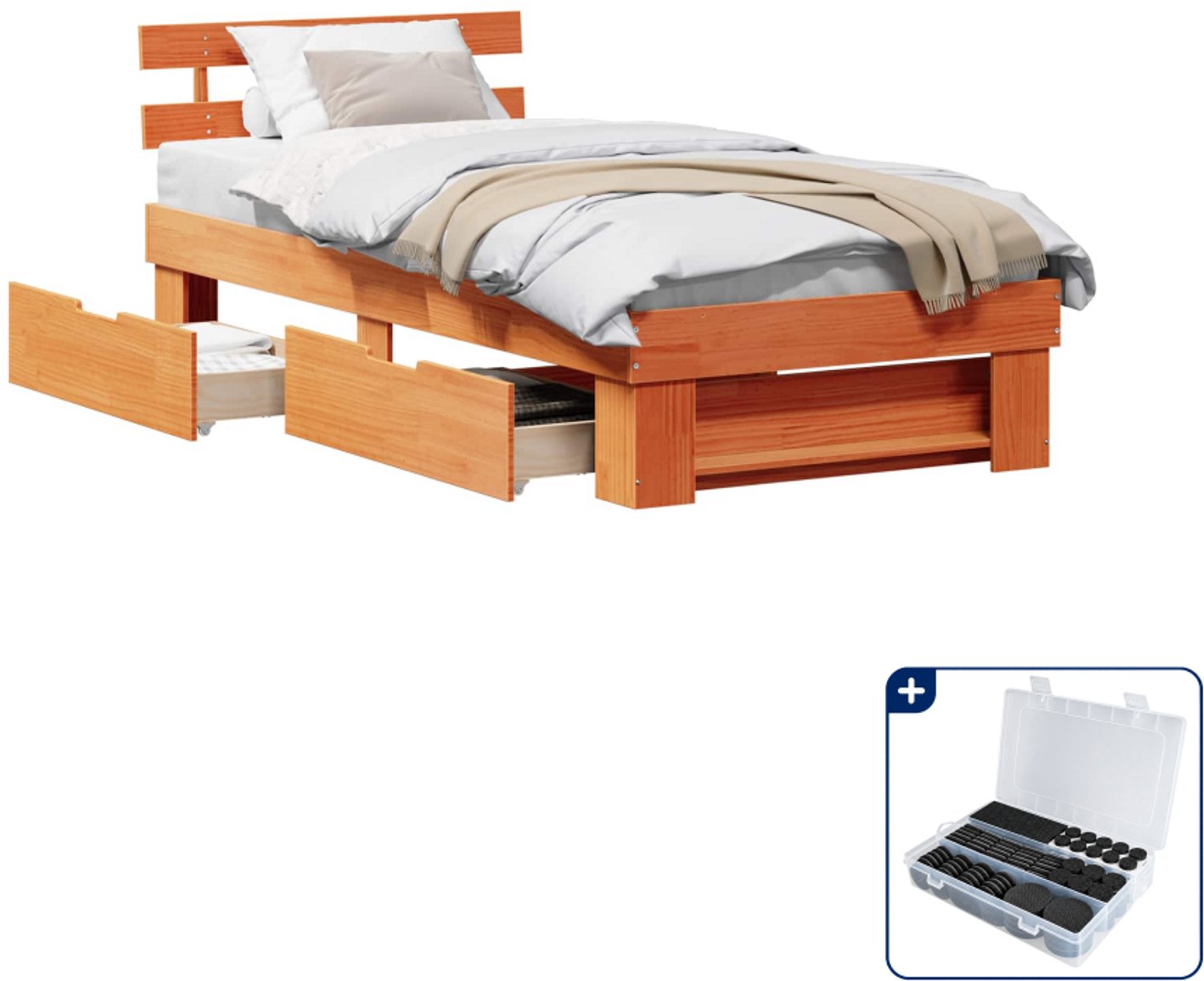 vidaXL bedframe met lade - 100 x 200 cm - massief grenenhout - wasbruin - Inclusief antikrasvilt 177-delig