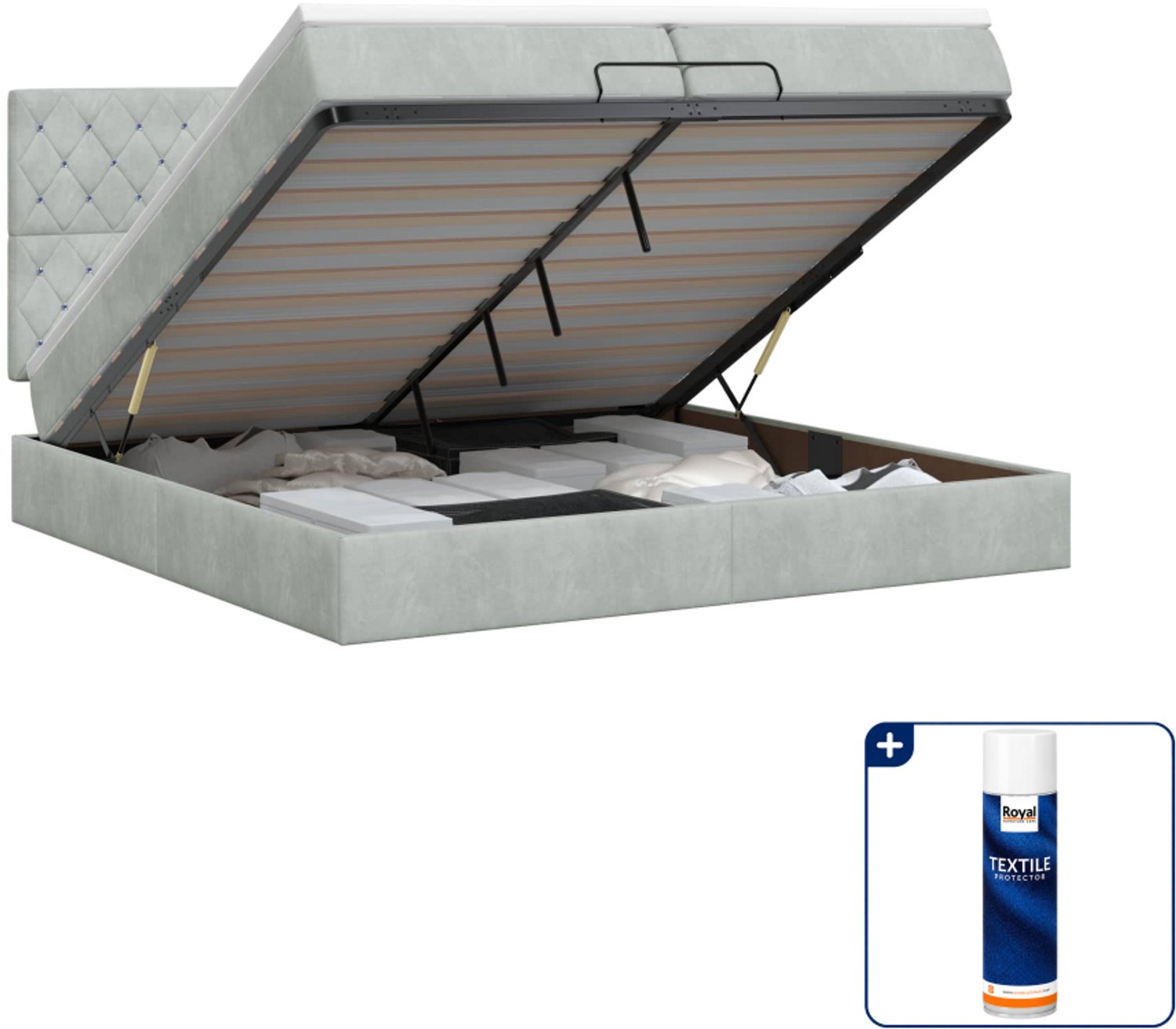 vidaXL Ottoman bed met matras - Super kingsize - 200 x 200 cm - grijs - Inclusief textielbeschermer 500 ml Lichtgrijs