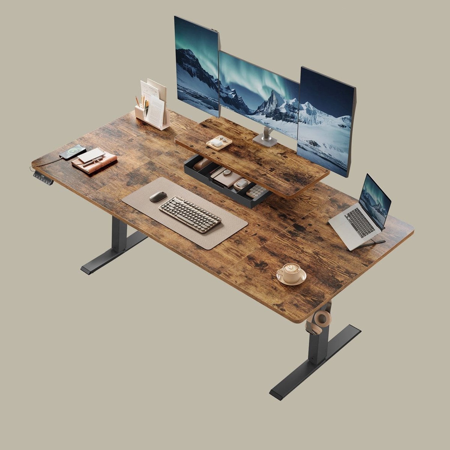Klarven Zitstabureau Zwart-Bruin - Elektrisch Verstelbaar Bureau - Zitstaburea - Standing Desk - USB-C Poort, 3 Geheugenstanden - 160x80cm, Verstelbaar 72-120cm
