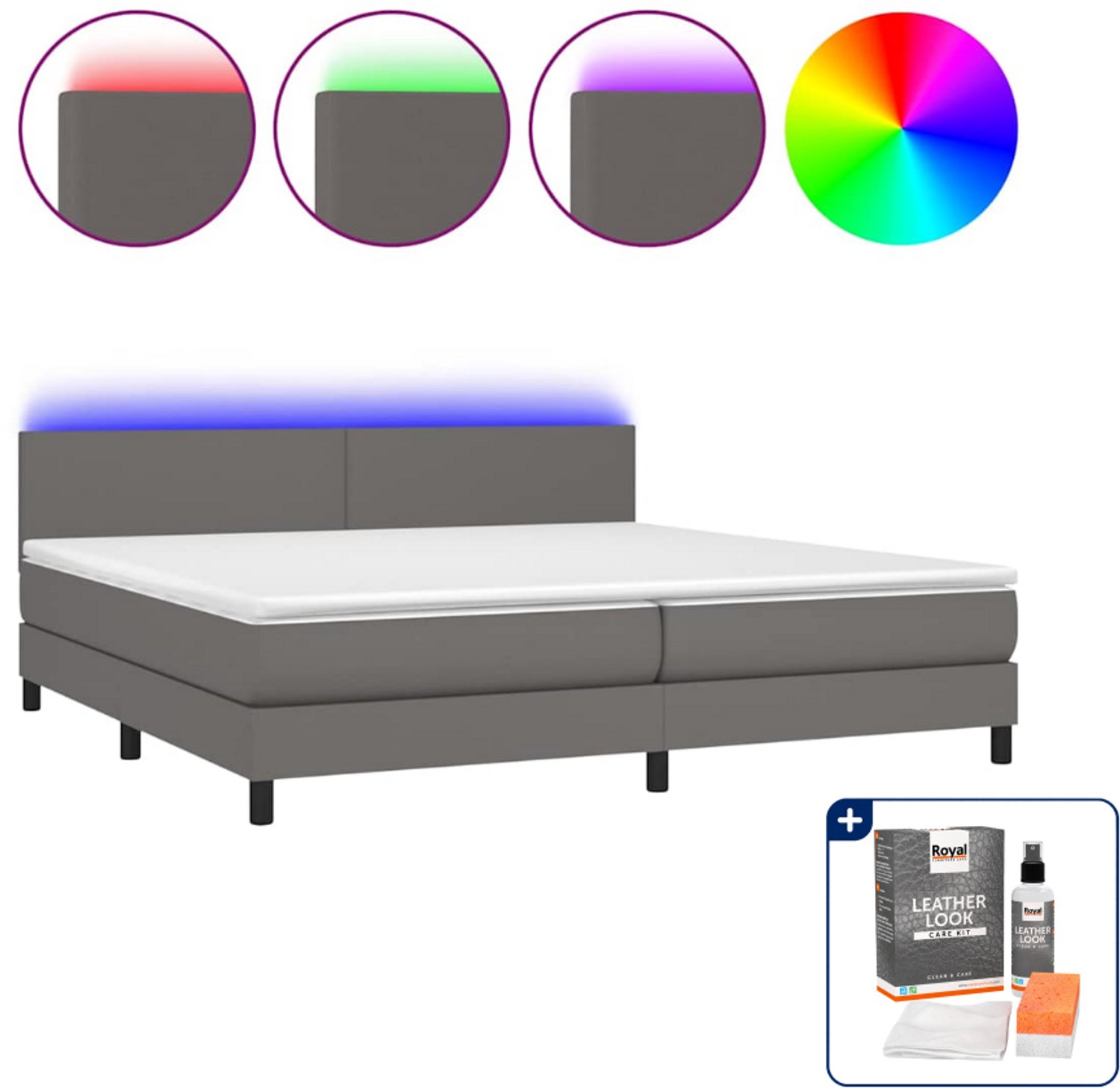 vidaXL boxspring - Super kingsize - 200 x 200 cm - kunstleer - grijs - Inclusief onderhoudsset voor kunstleer 150 ml