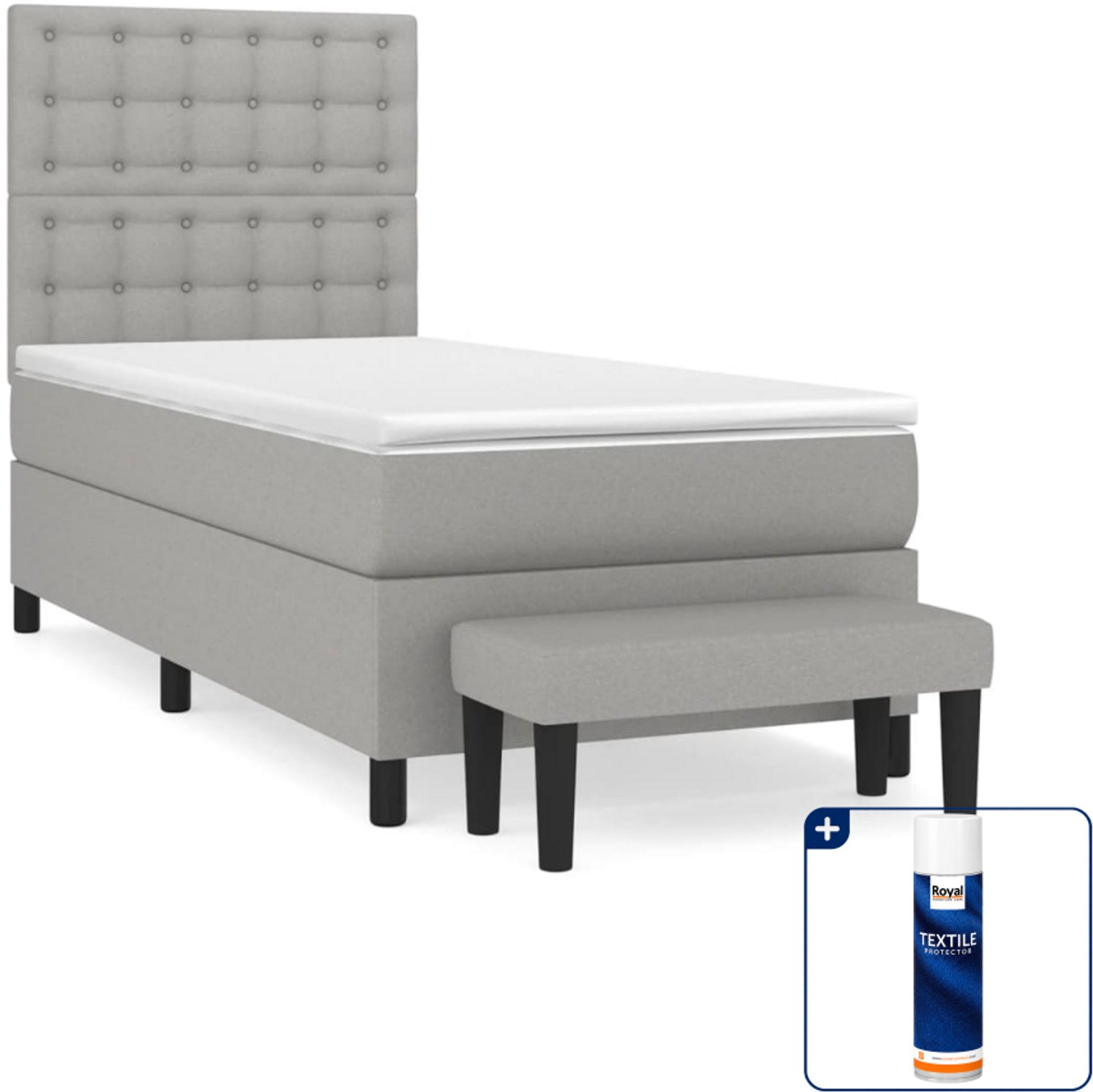 vidaXL boxspring met matras en bankje - 90 x 190 cm - stof - lichtgrijs - Inclusief textielbeschermer 500 ml