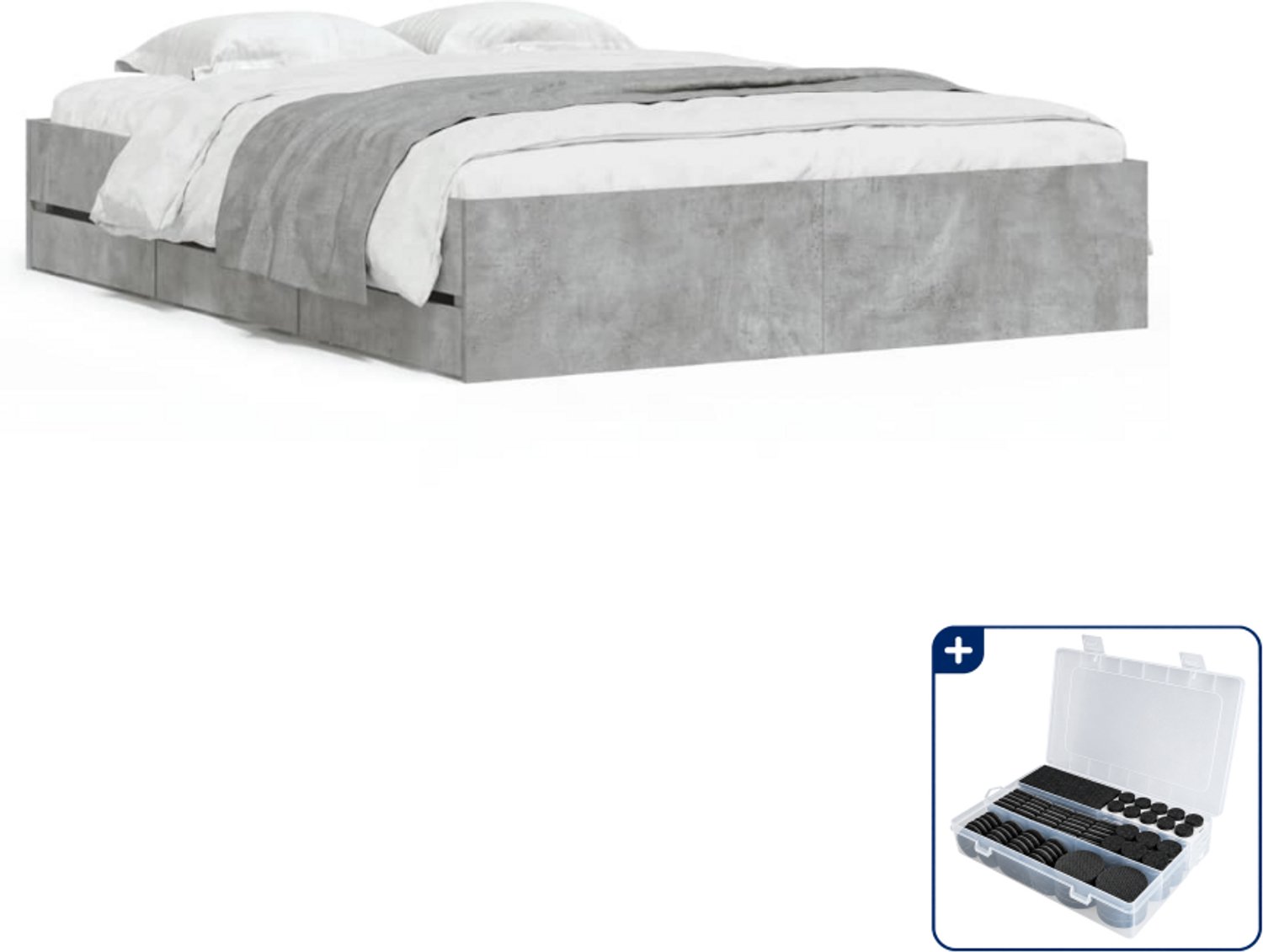vidaXL bedframe met lades - 150 x 200 cm - bewerkt hout - betongrijs - Inclusief antikrasvilt 177-delig bruin