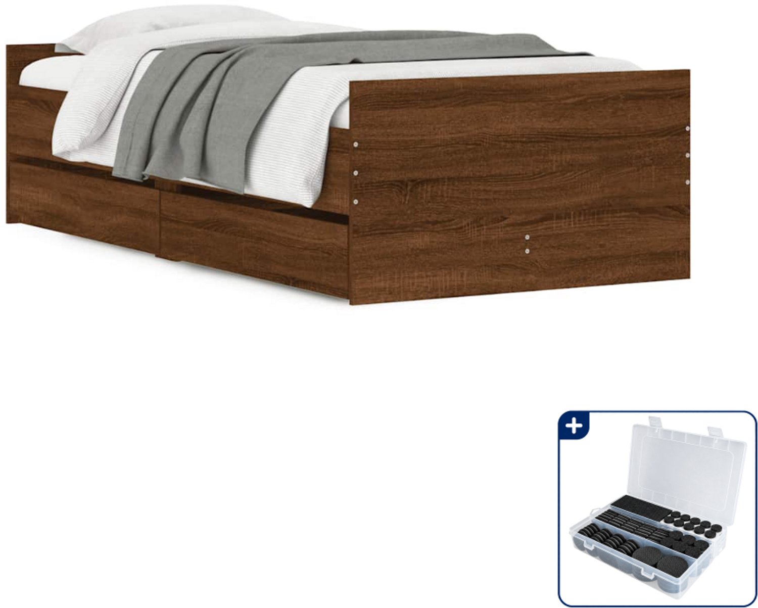 vidaXL bedframe - 90 x 190 cm - bewerkt hout - bruineiken - Inclusief antikrasvilt 177-delig Blauw