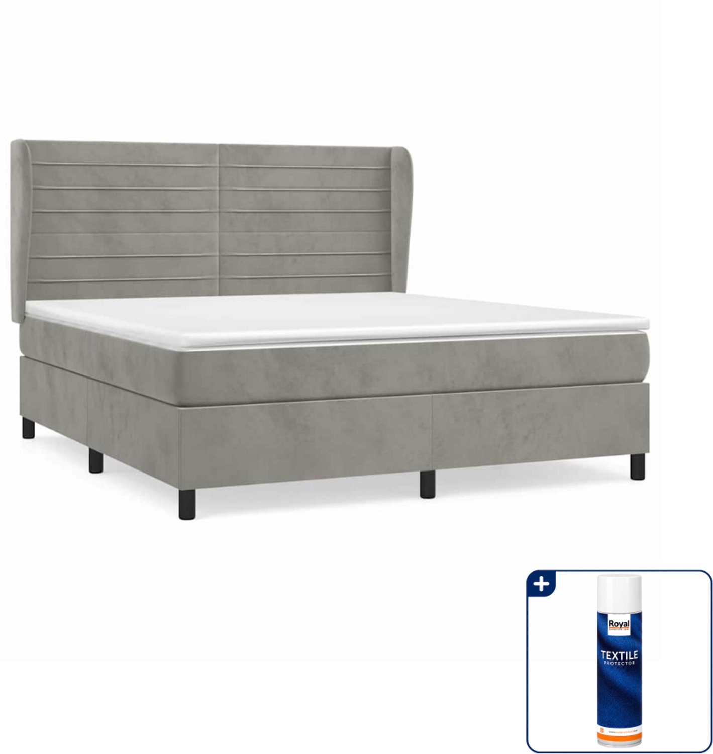 vidaXL Kingsize boxspring met matras - 180 x 200 cm - fluweel - lichtgrijs - Inclusief textielbeschermer 500 ml