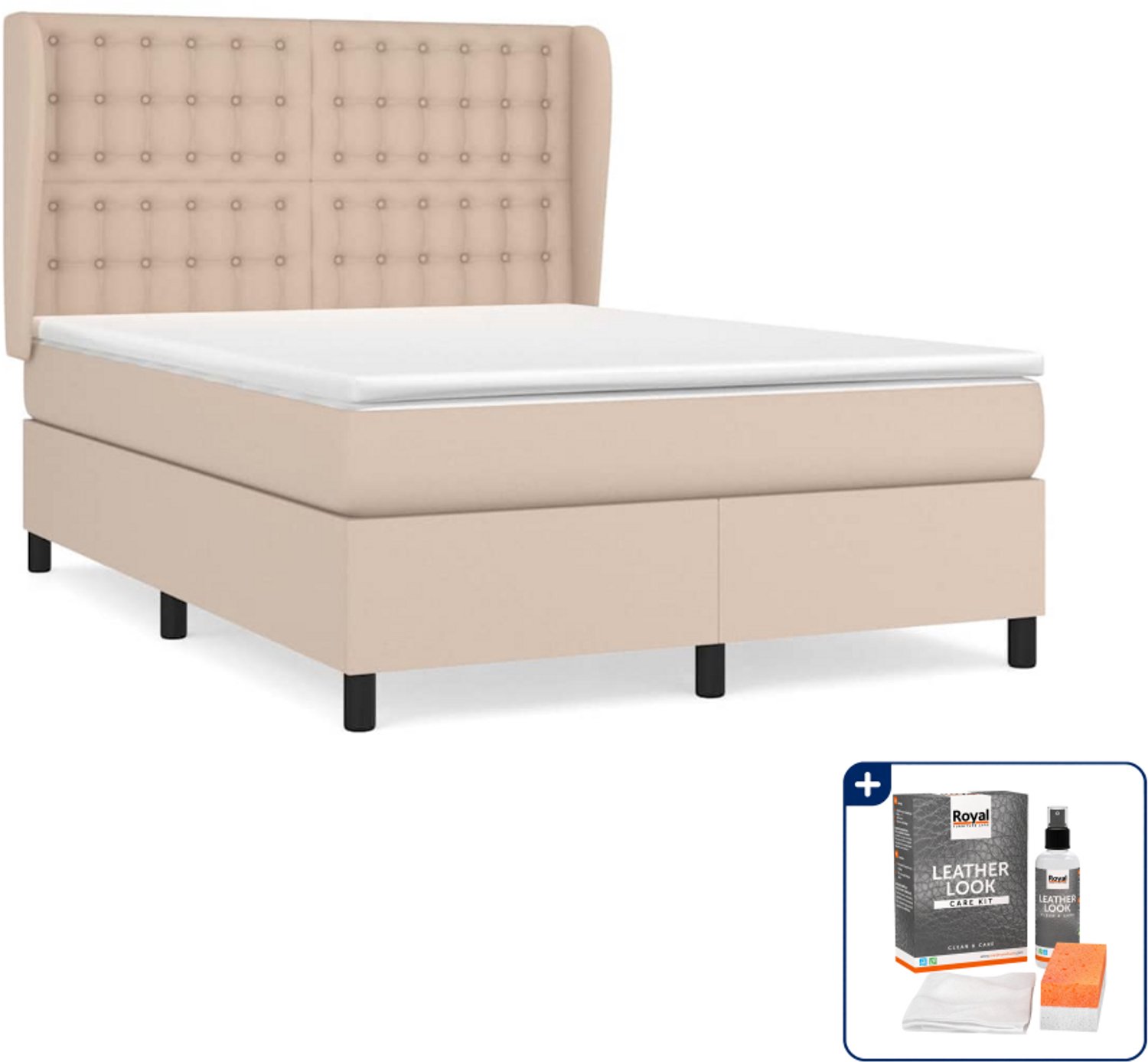 vidaXL boxspring - Small double - 140x200 cm - kunstleer - cappuccino - Inclusief onderhoudsset voor kunstleer 150 ml Bruin
