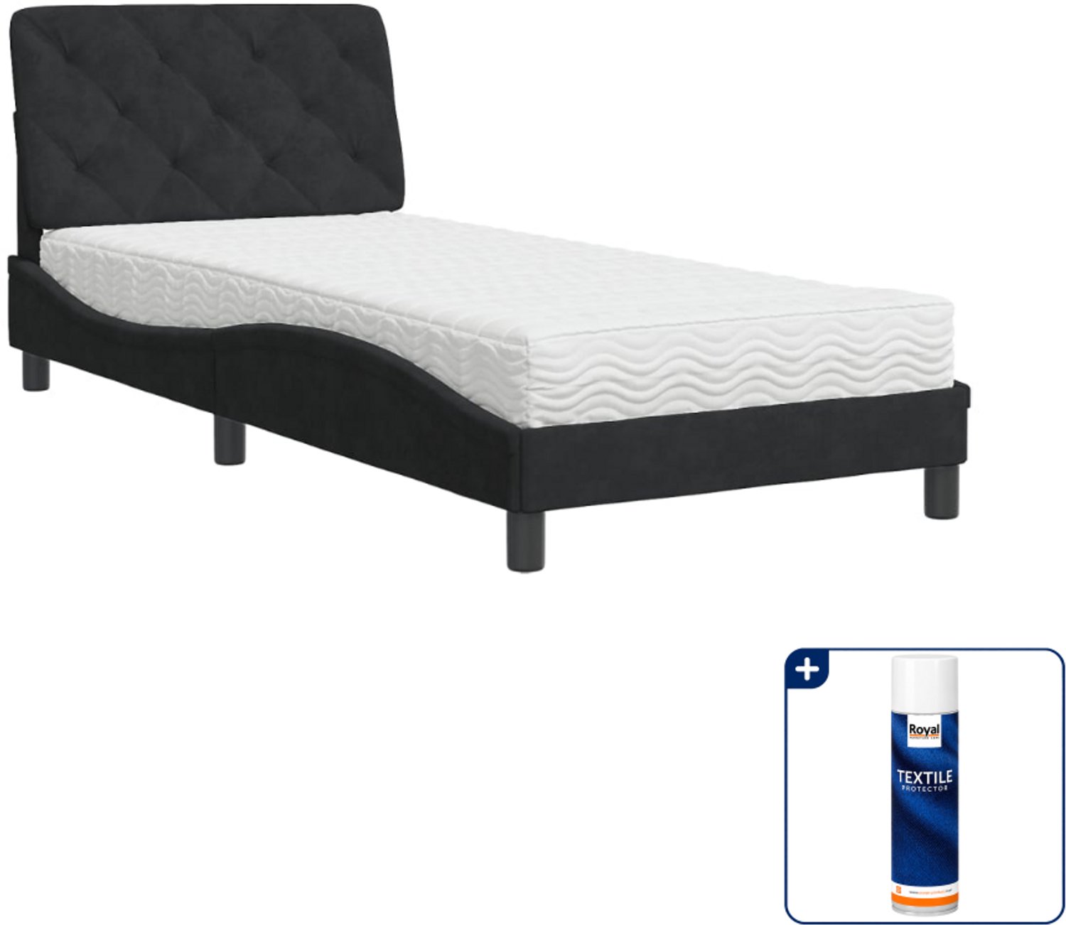 vidaXL Piran bed met matras 90 x 200 cm - fluweel - zwart - Inclusief textielbeschermer 500 ml
