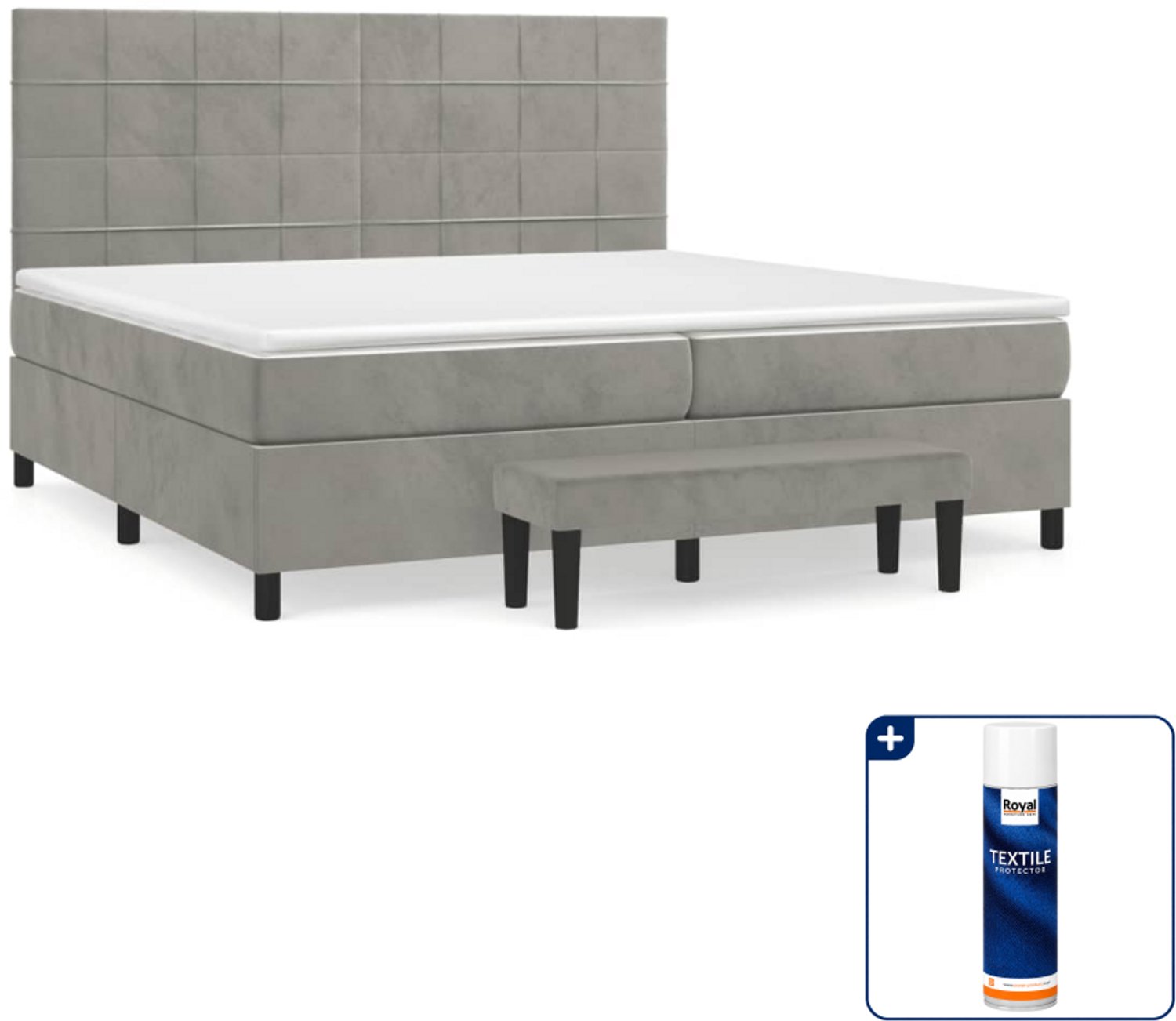 vidaXL boxspring met matras en bankje - Super kingsize - lichtgrijs - Inclusief textielbeschermer 500 ml