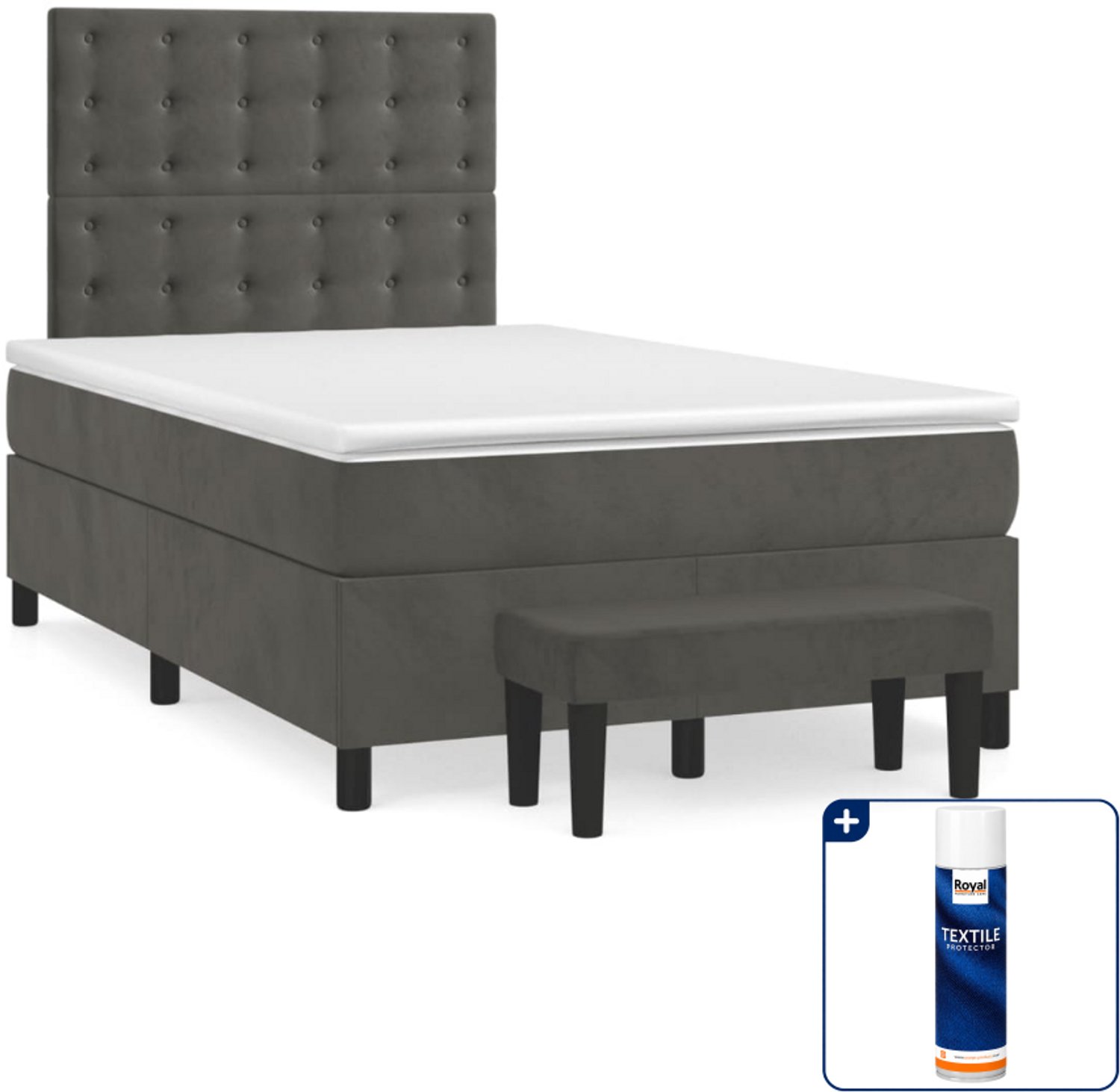 vidaXL boxspring met matras en bankje - 120 x 200 cm - fluweel - donkergrijs - Inclusief textielbeschermer 500 ml