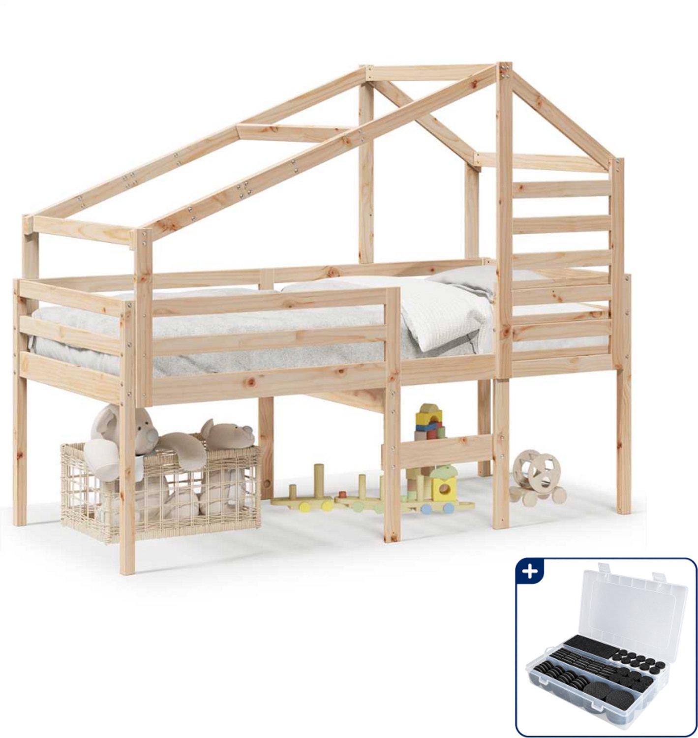 vidaXL hoogslaper met dak - 90 x 190 cm - massief grenenhout - Inclusief antikrasvilt 177-delig wit
