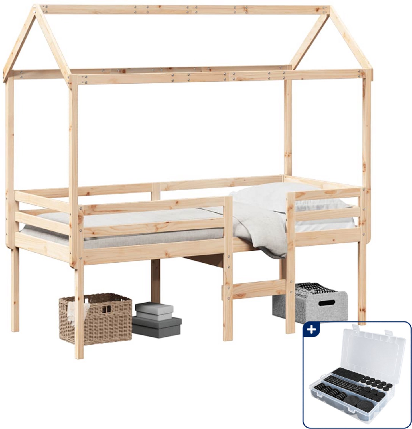 vidaXL hoogslaper met dak - 75 x 190 cm - massief grenenhout - bruin - Inclusief antikrasvilt 177-delig