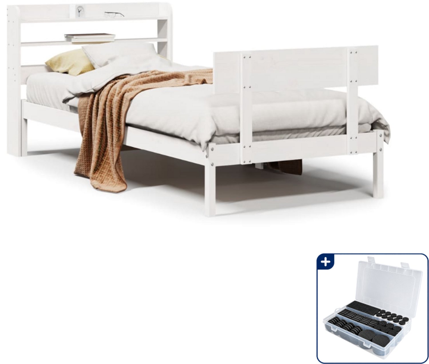 vidaXL bedframe - 75 x 190 cm - massief grenenhout - wit - Inclusief antikrasvilt 177-delig Bruin