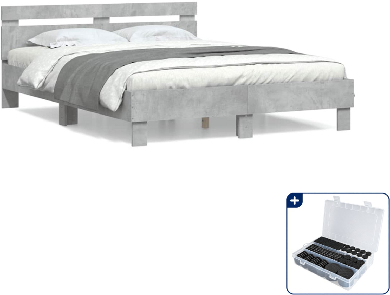 vidaXL bedframe - 140 x 190 cm - bewerkt hout - betongrijs - Inclusief antikrasvilt 177-delig Blauw
