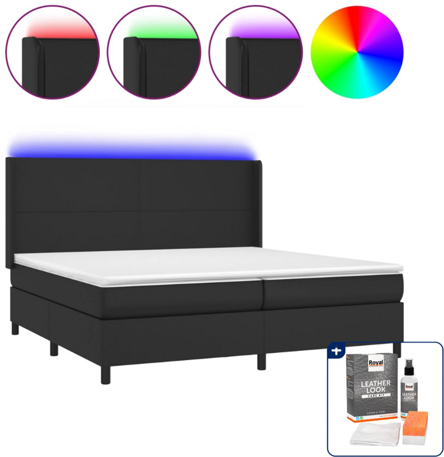 vidaXL Boxspring Super kingsize - 200 x 200 cm - kunstleer - zwart - Inclusief onderhoudsset voor kunstleer 150 ml