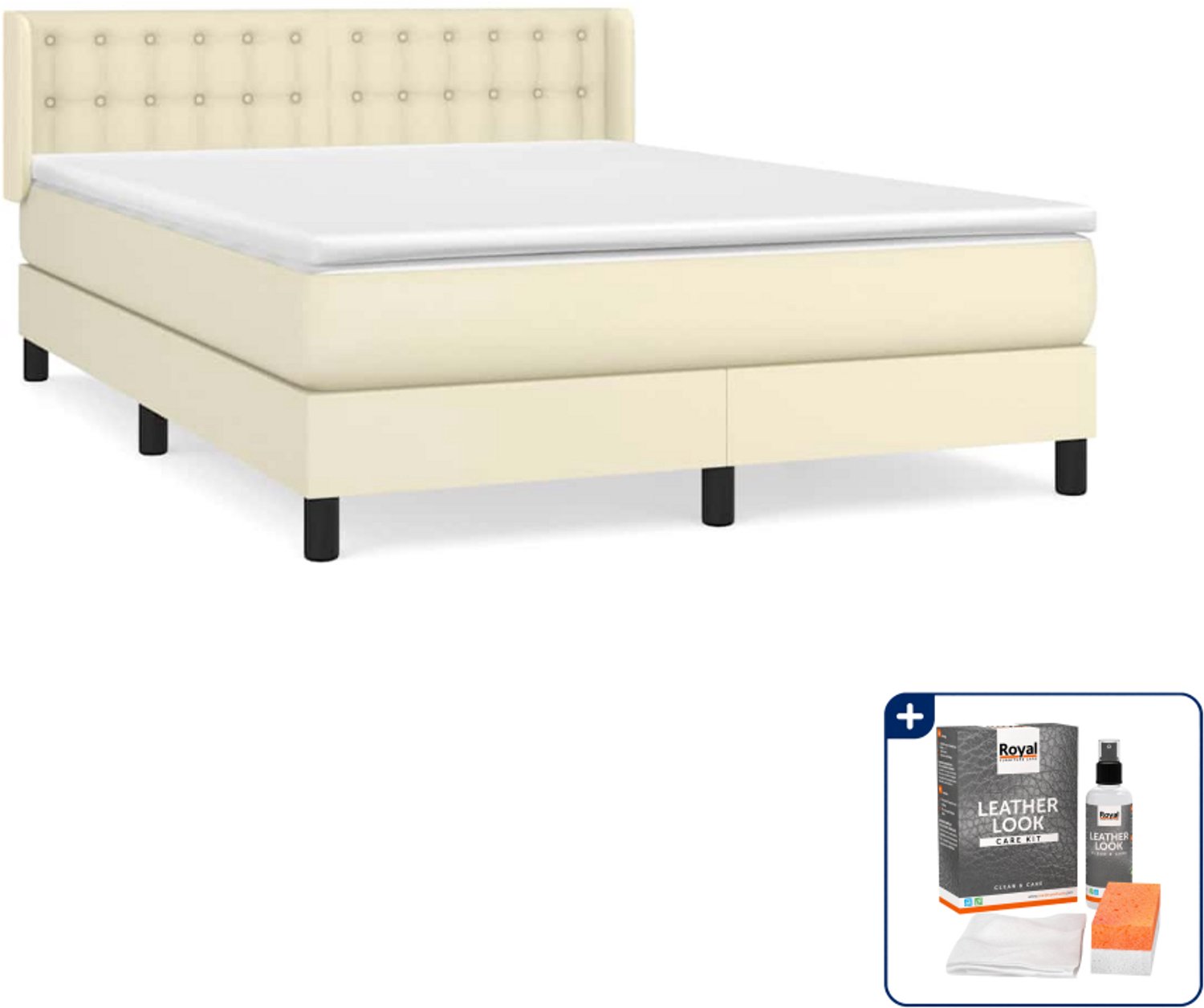 vidaXL boxspring met matras - Small double - 140 x 200 cm - crème - Inclusief onderhoudsset voor kunstleer 150 ml