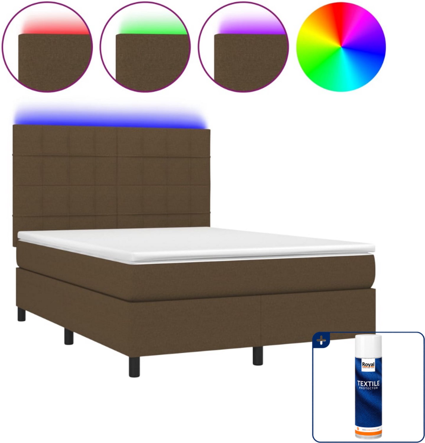 vidaXL Boxspring met matras en LED - 140 x 190 cm - donkerbruin - Inclusief textielbeschermer 500 ml