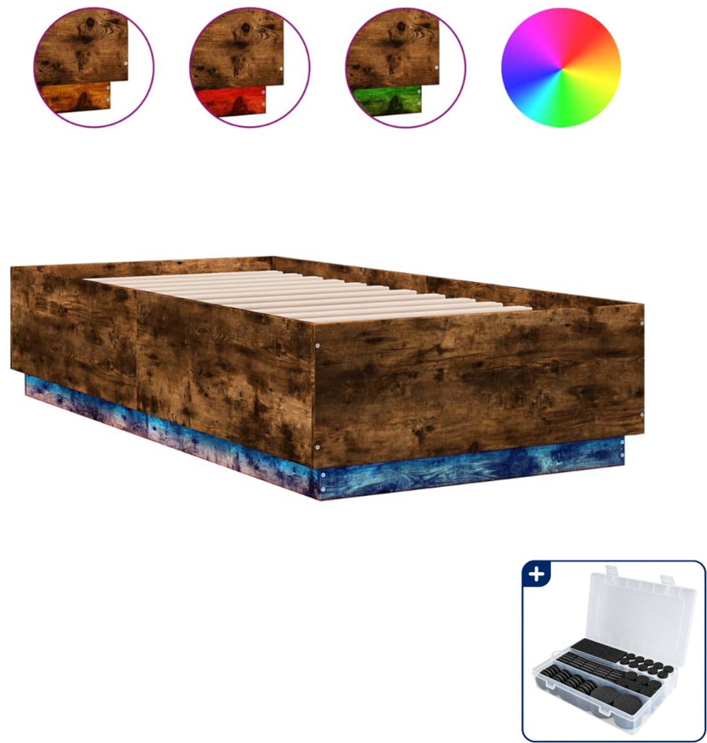 vidaXL bedframe met LED - 90 x 190 cm - gerookt eiken - Inclusief antikrasvilt 177-delig Groen