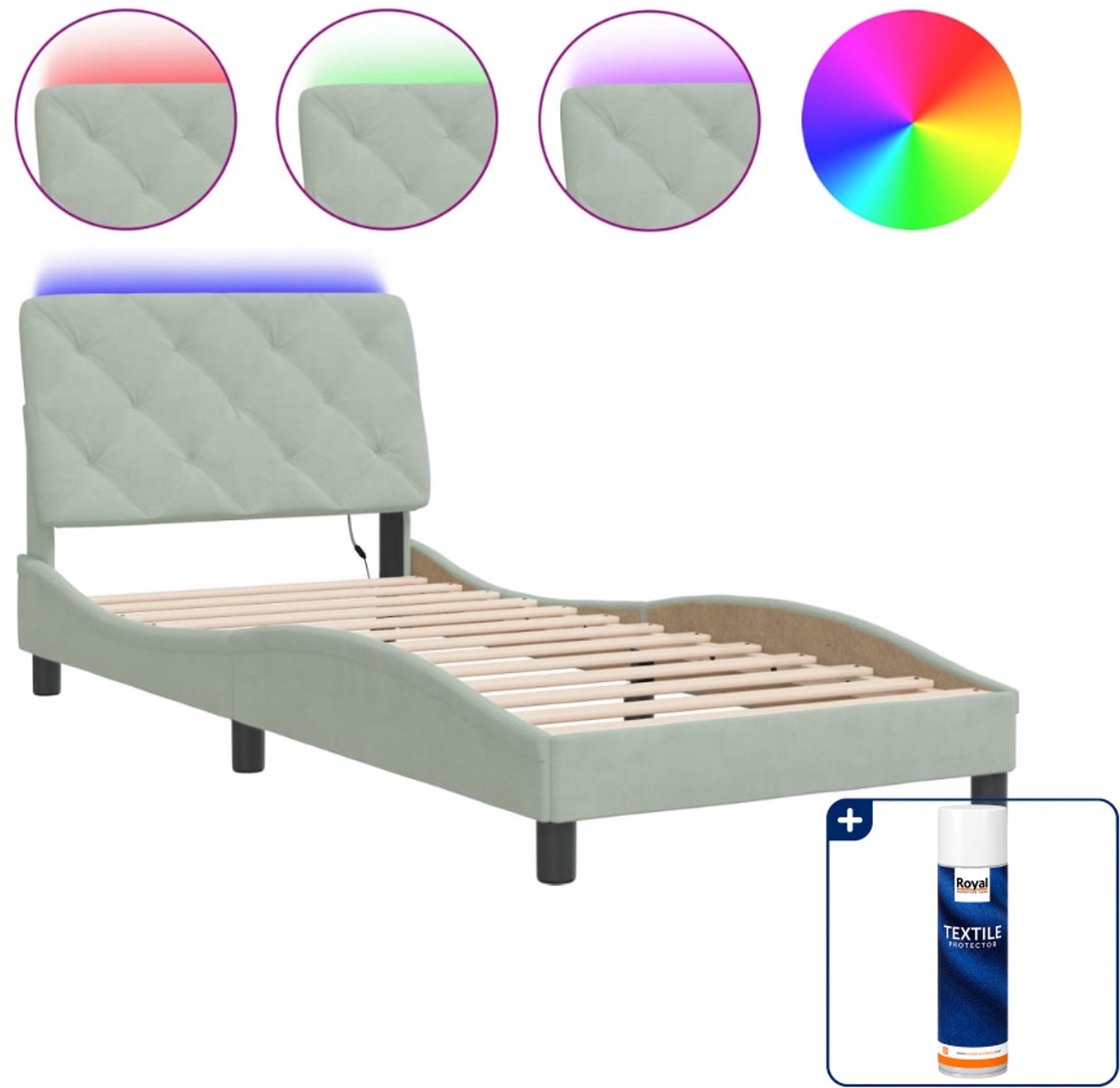 vidaXL bedframe met led - 90 x 190 cm - fluweel - lichtgrijs - Inclusief textielbeschermer 500 ml