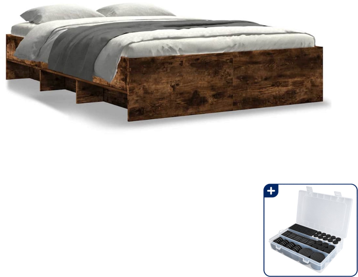 vidaXL bedframe - 140 x 190 cm - bewerkt hout - gerookt eiken - Inclusief antikrasvilt 177-delig Wit