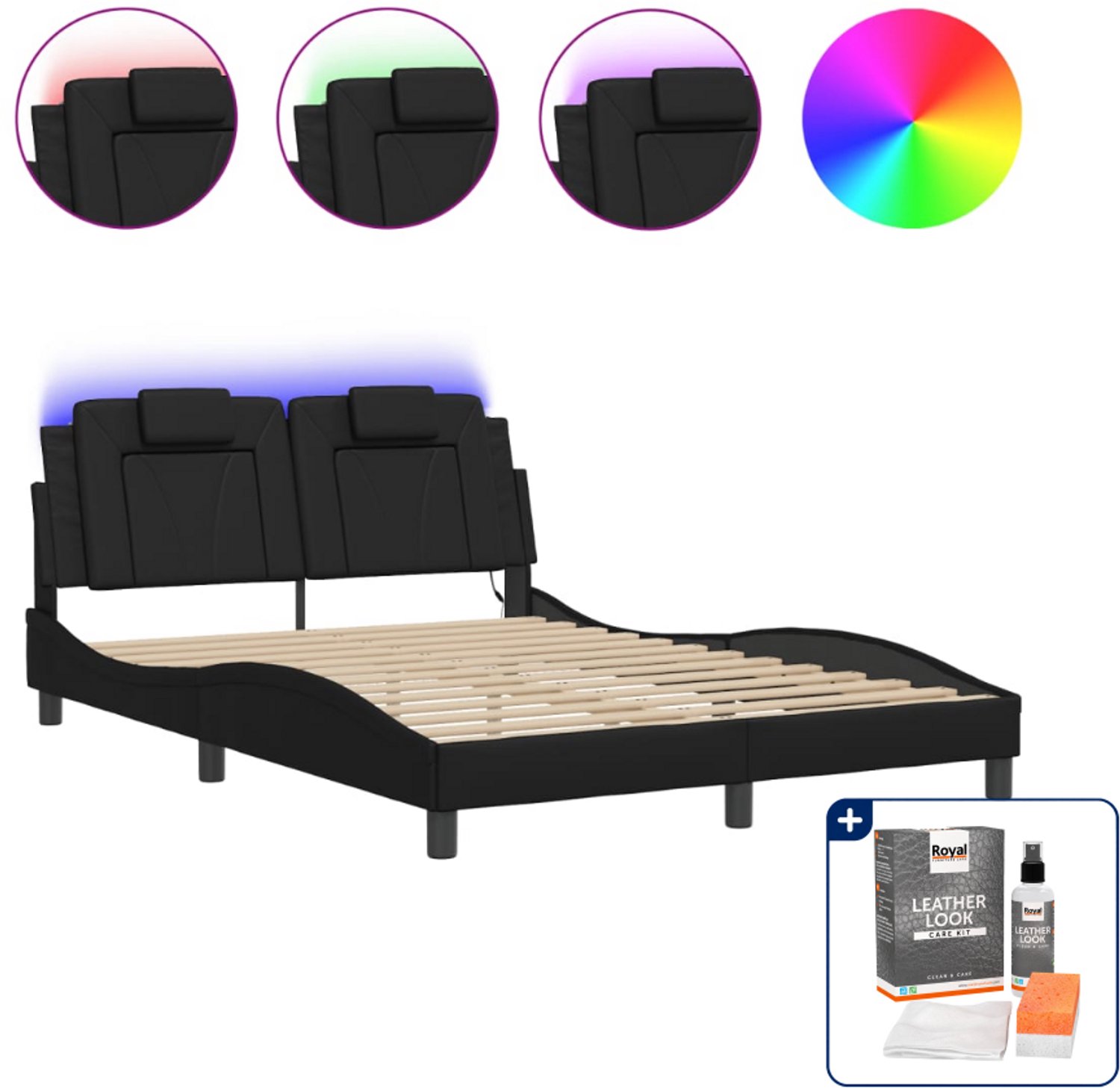 vidaXL bedframe Viana met LED - 140 x 190 cm - zwart - Inclusief onderhoudsset voor kunstleer 150 ml