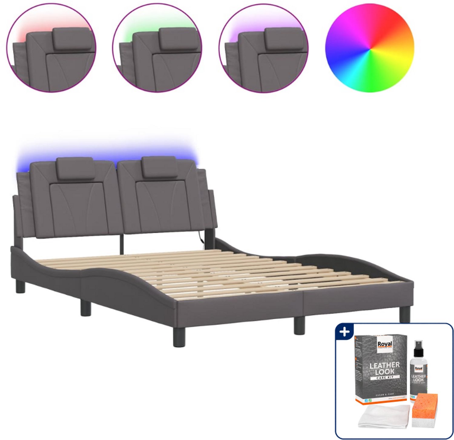 vidaXL bedframe Viana met LED - 120 x 200 cm - grijs - Inclusief onderhoudsset voor kunstleer 150 ml