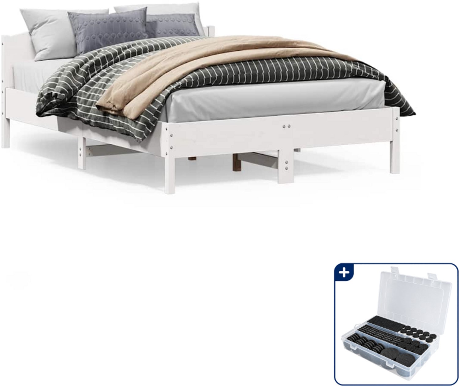 vidaXL Queensize bedframe 160 x 200 cm - massief grenenhout - wit - Inclusief antikrasvilt 177-delig