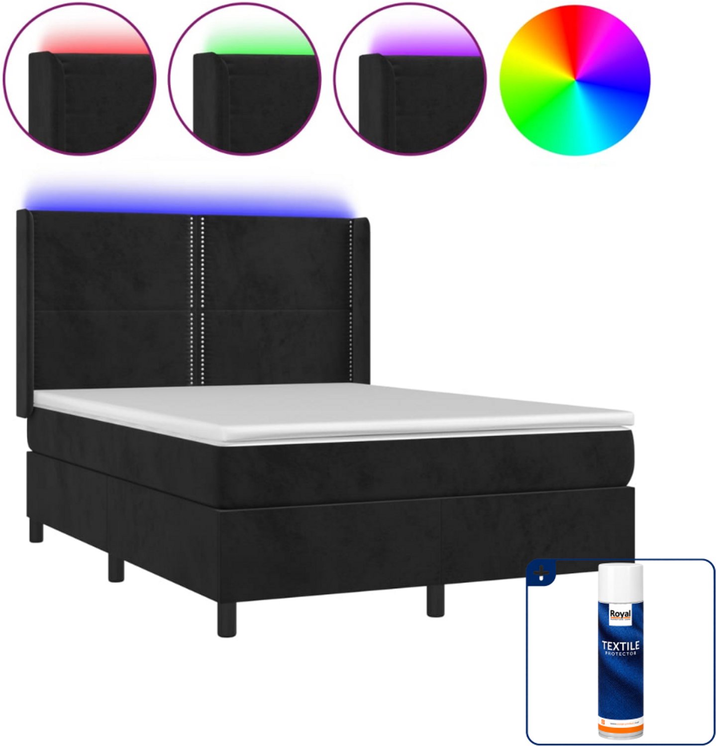 vidaXL boxspring met matras en LED - 140 x 190 cm - fluweel - zwart - Inclusief textielbeschermer 500 ml