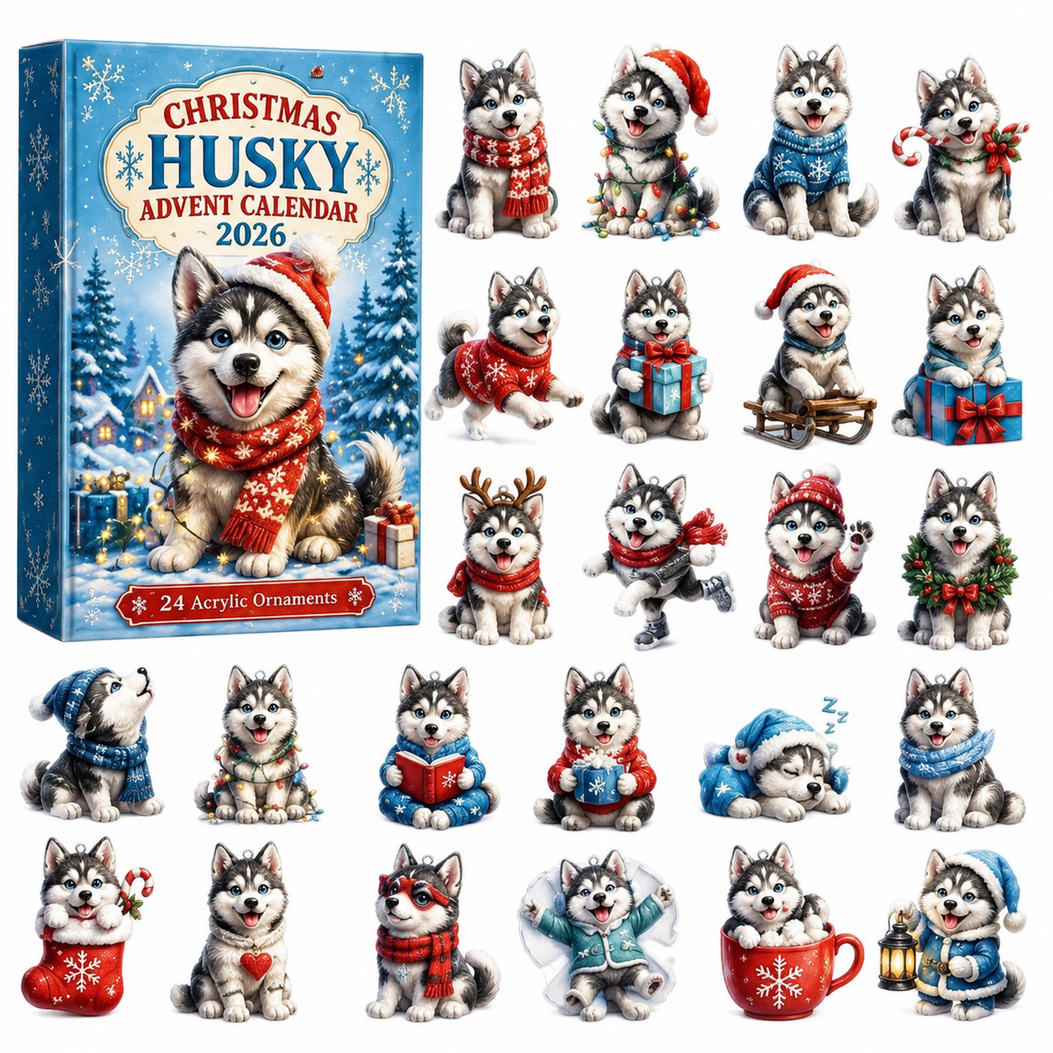 Husky-adventskalender met 24 platte hangdecoraties, kerstfiguren in papieren doos