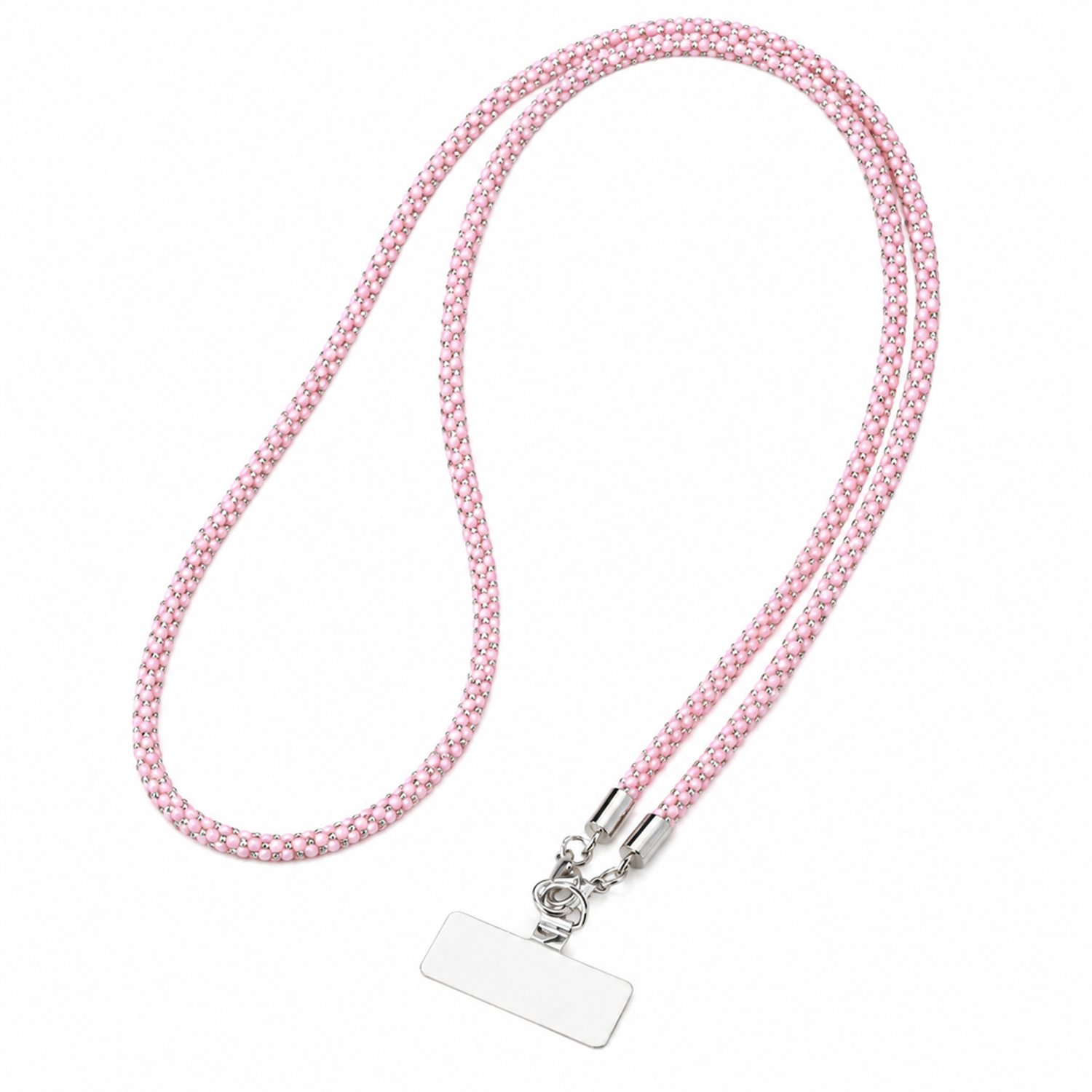 Telefoonkoord roze met strass - lang crossbodymodel met metalen karabijnsluiting en wit bevestigingslipje - afzonderlijk verpakt