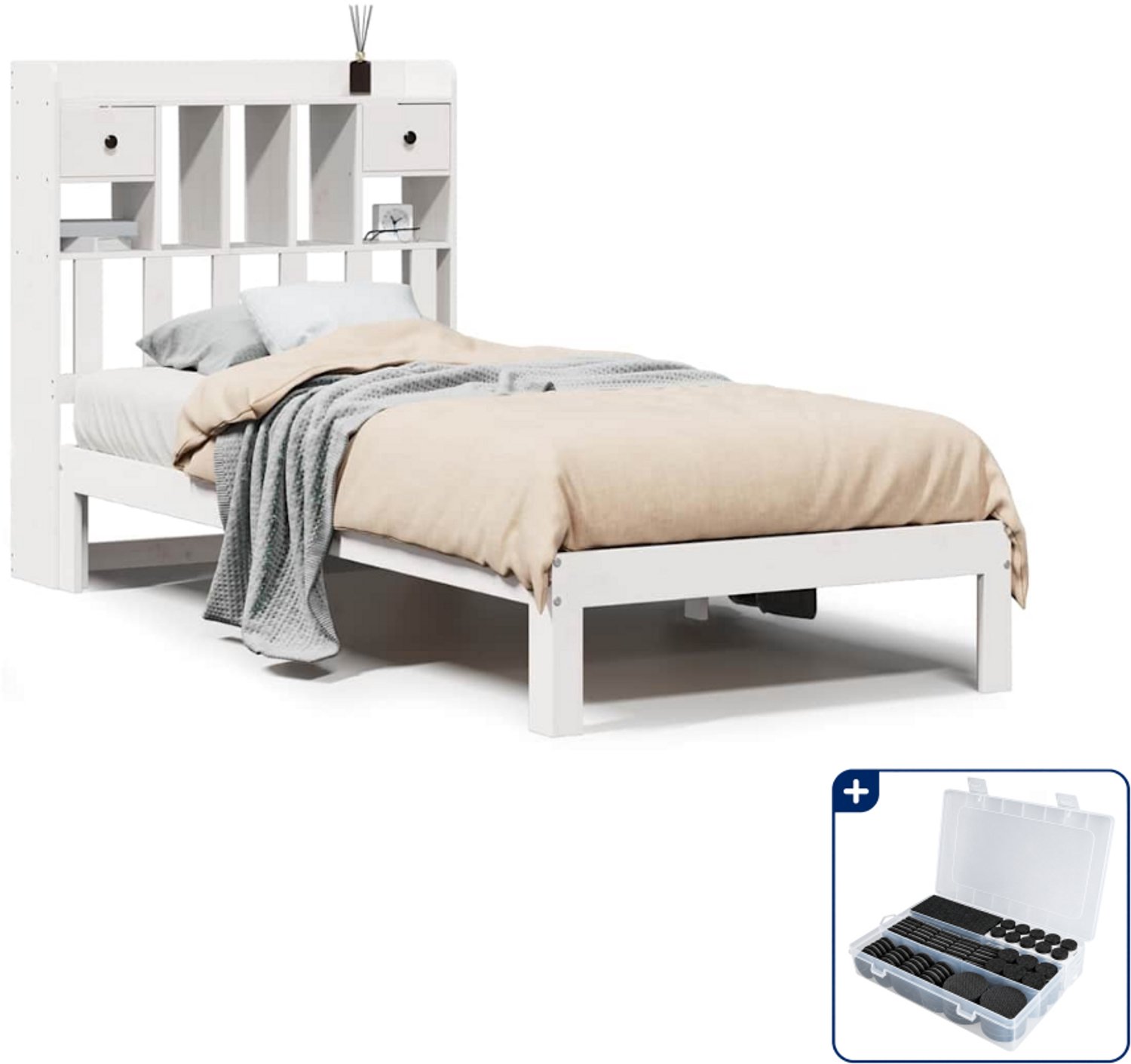 vidaXL bed met boekenkast - 75 x 190 cm - massief grenenhout - wit - Inclusief antikrasvilt 177-delig