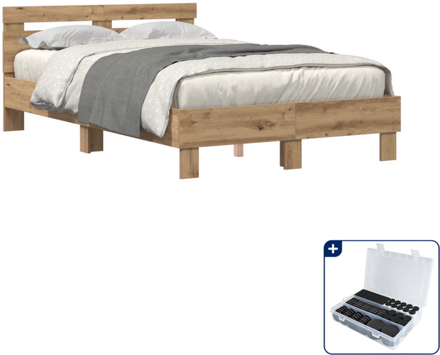 vidaXL bedframe - 135 x 190 cm - bewerkt hout - artisan eiken - Inclusief antikrasvilt 177-delig Lichtgrijs