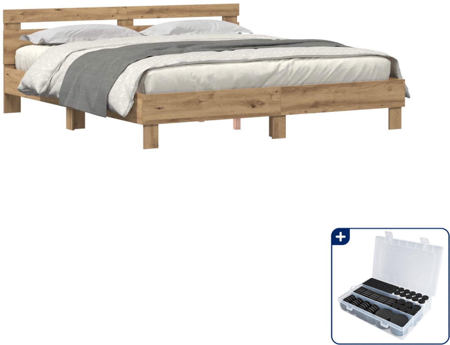 vidaXL Bedframe - Super kingsize - 200 x 200 cm - bewerkt hout - eiken - Inclusief antikrasvilt 177-delig Bruin