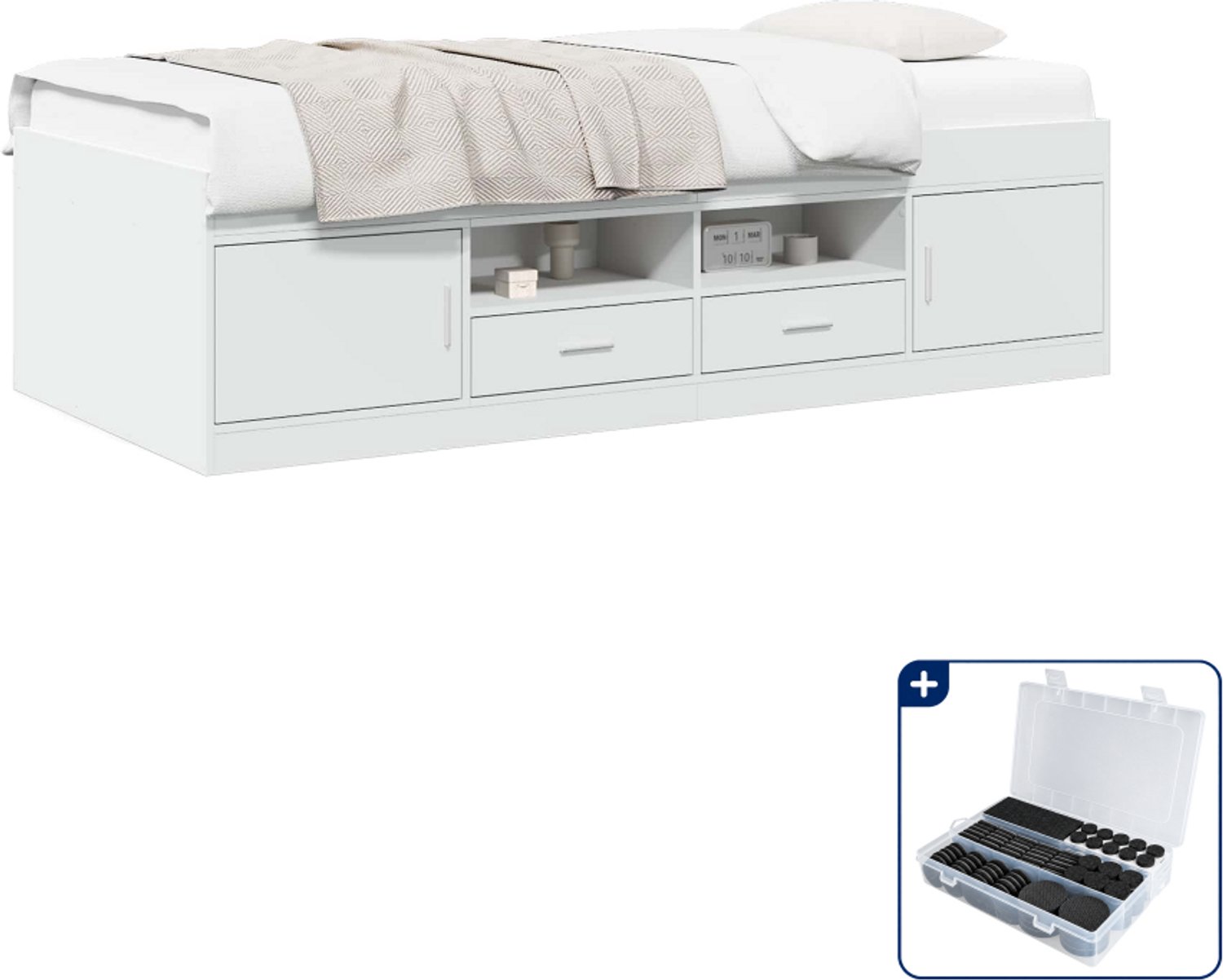 vidaXL bedframe met opbergruimte - 80 x 200 cm - bewerkt hout - wit - Inclusief antikrasvilt 177-delig