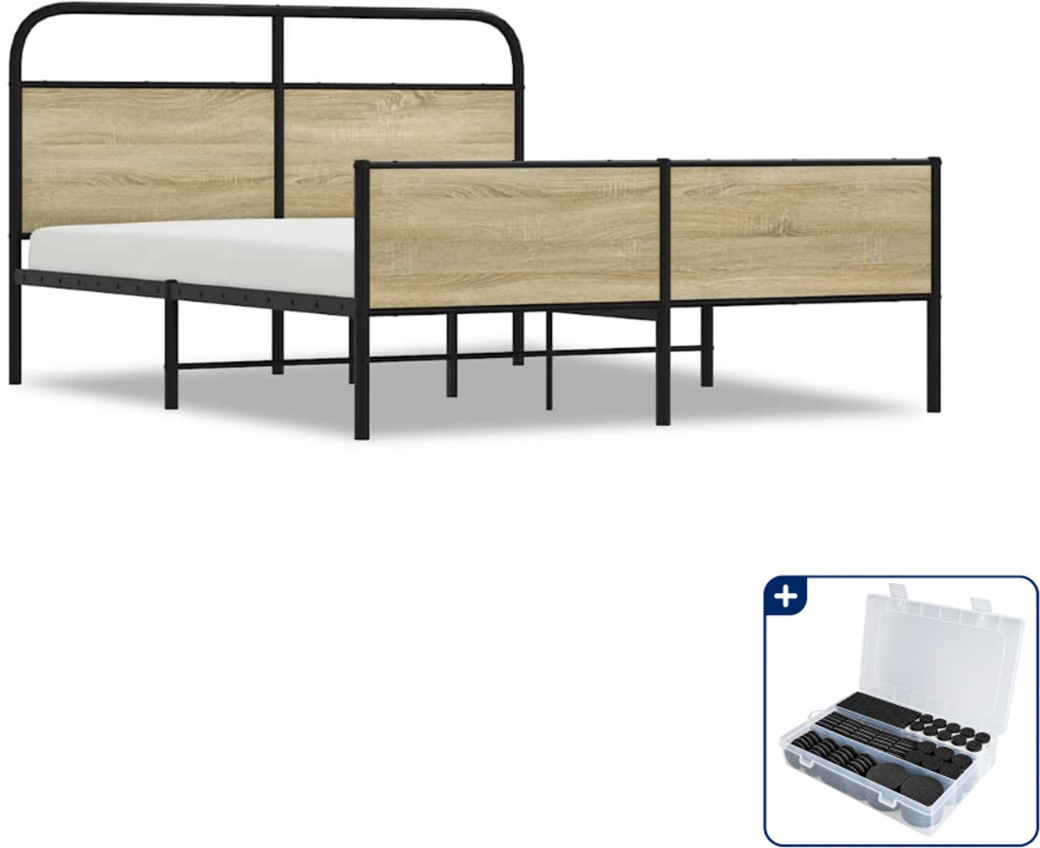 vidaXL Queensize bedframe - 160 x 200 cm - staal en bewerkt hout - Inclusief antikrasvilt 177-delig Bruin