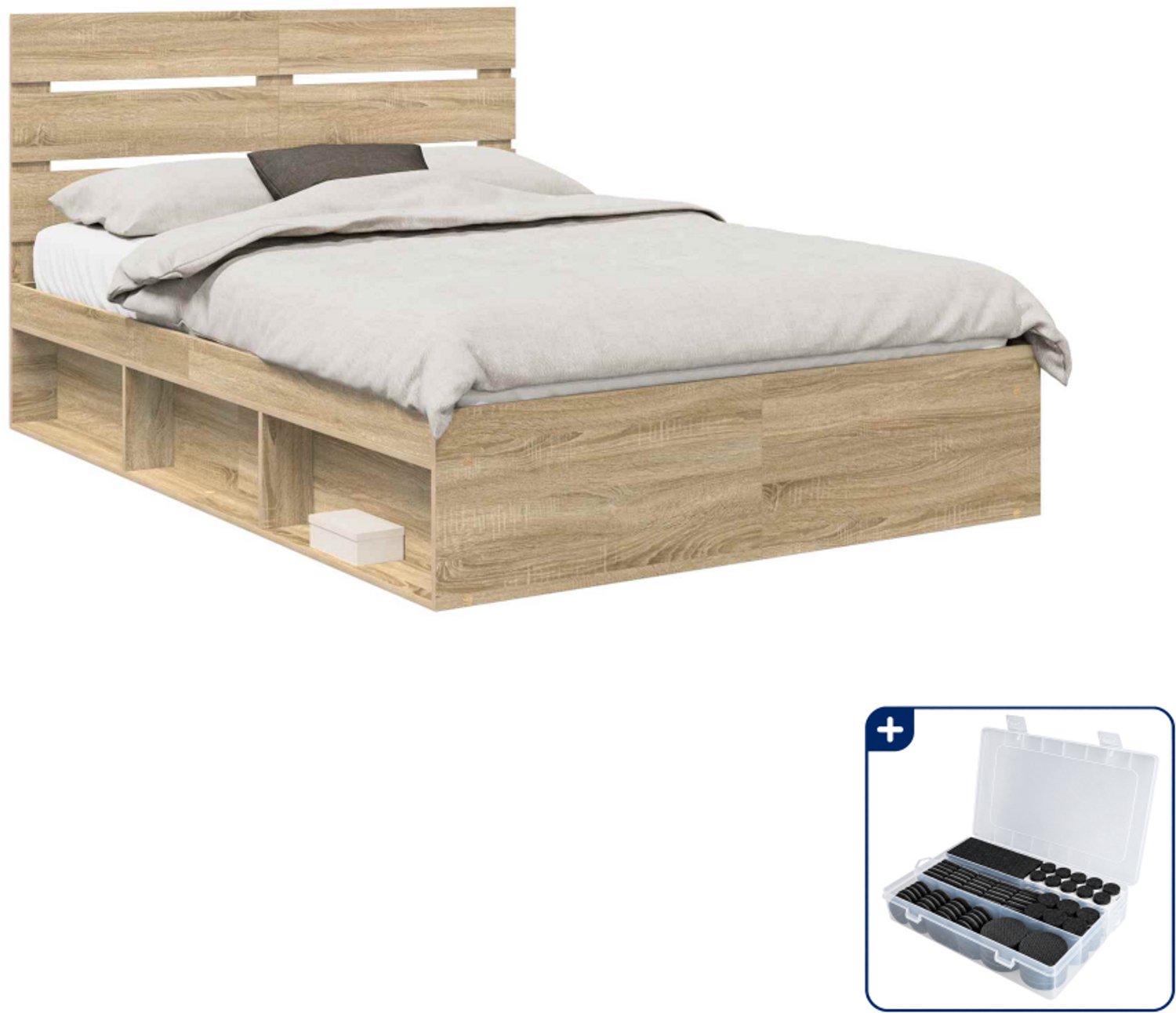 vidaXL Bedframe Sonoma - Small double - 140 x 200 cm - sonoma - Inclusief antikrasvilt 177-delig Zwart
