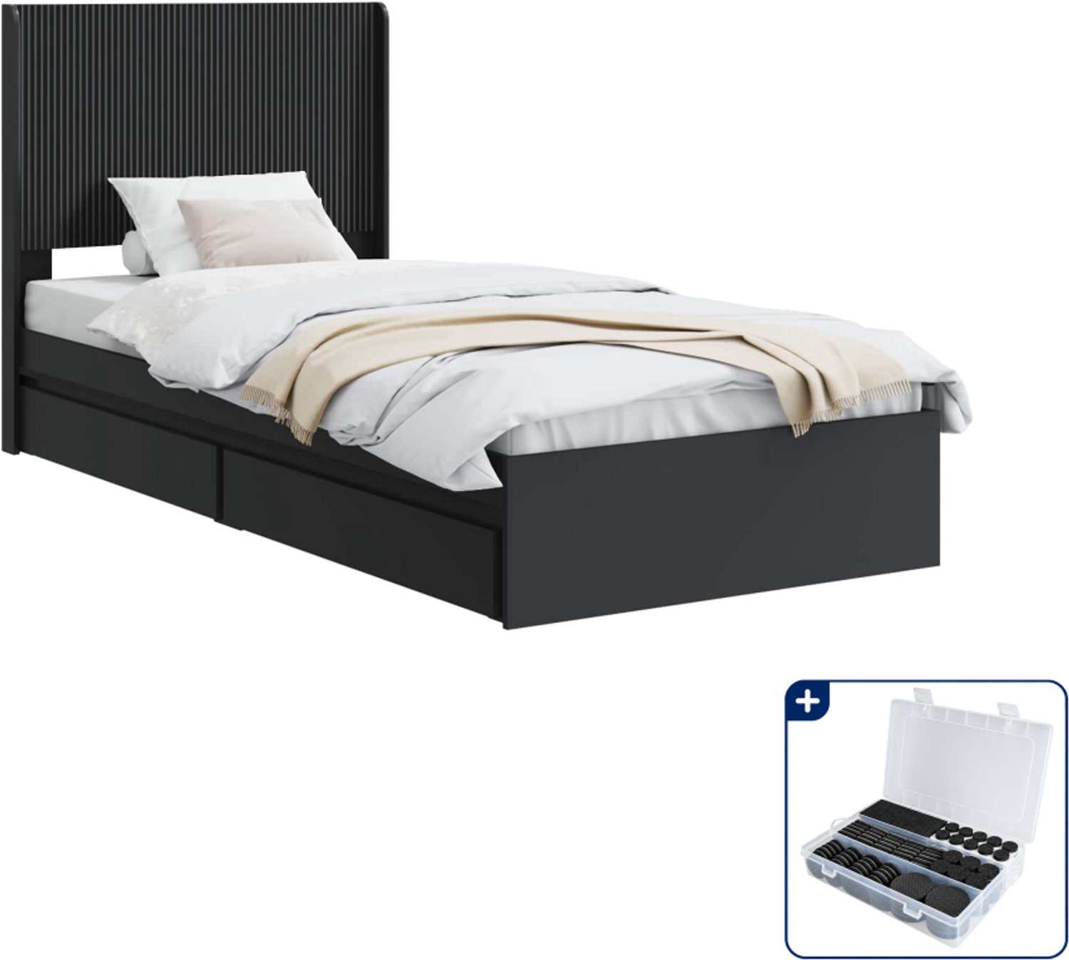 vidaXL Bedframe met opbergruimte - 75 x 190 cm - bewerkt hout - zwart - Inclusief antikrasvilt 177-delig