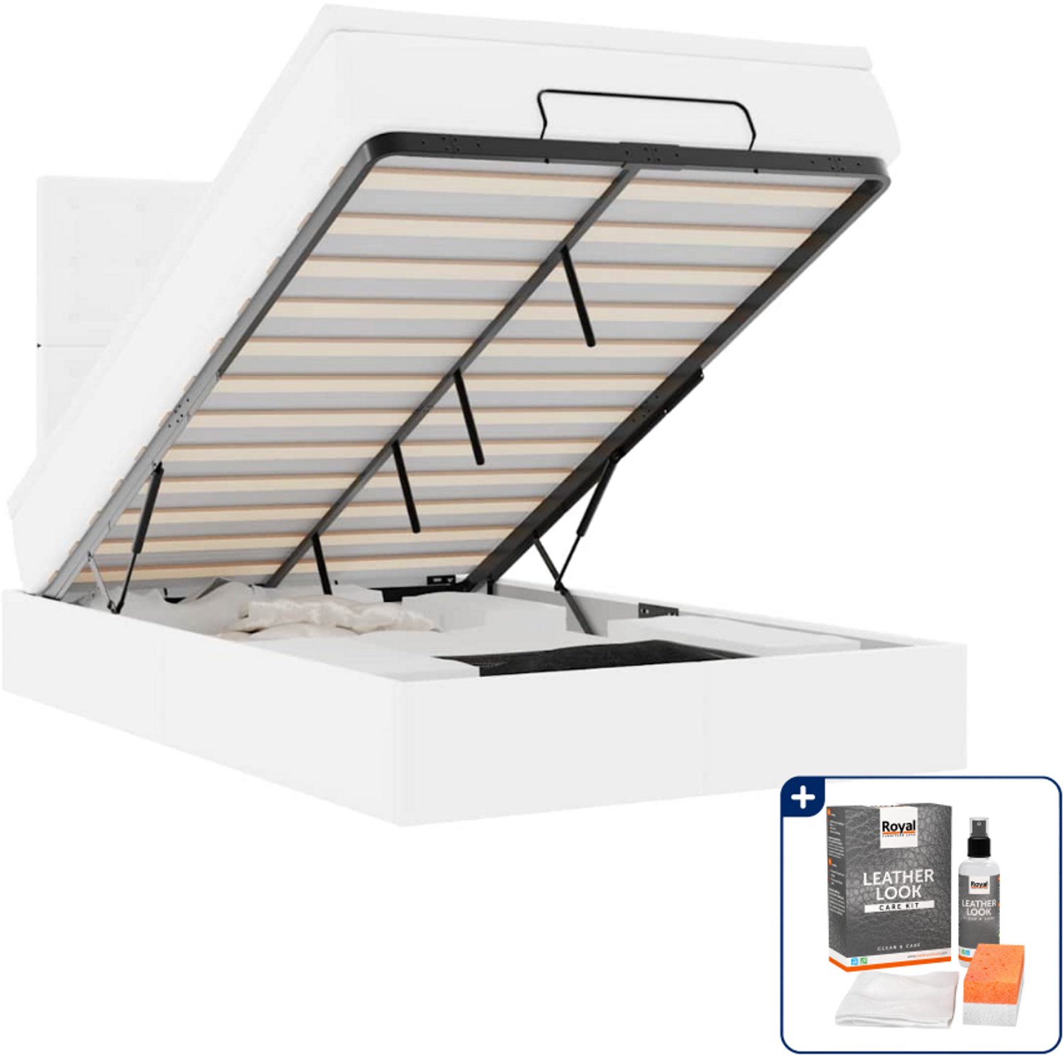 vidaXL ottoman bed met matras en led - 120 x 200 cm - kunstleer - wit - Inclusief onderhoudsset voor kunstleer 150 ml Zwart